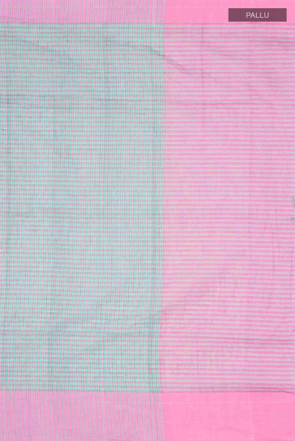 Close up image of the pallu of Patang features fine multi-coloured checks woven using four harmonious hues, creating a lively yet balanced design Translating to ?te)n Hindi, the saree reflects the light, easy spirit of a patang gliding across an open sky The border and pallu are minimal, finished with delicate zari accents that add subtle richness With its balanced play of colour, it makes for a breathable, comfortable drape
