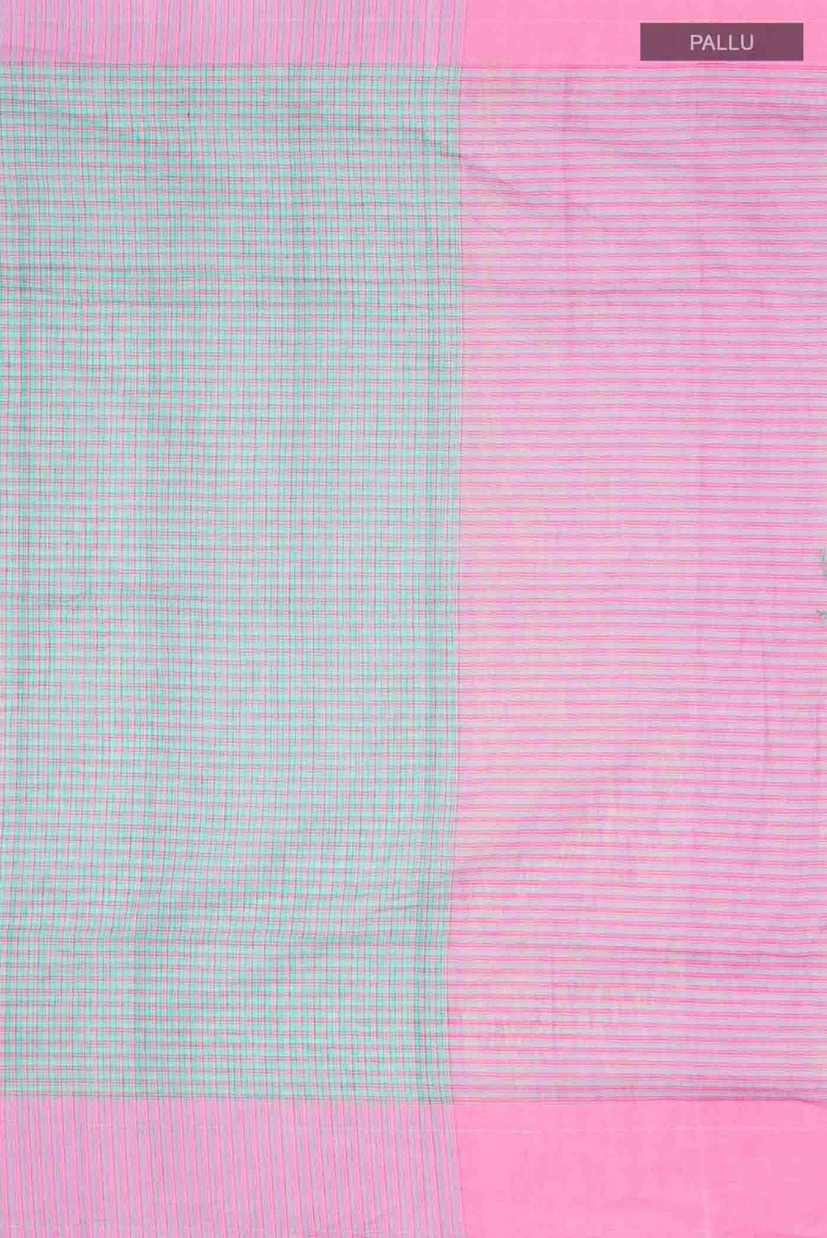Close up image of the pallu of Patang features fine multi-coloured checks woven using four harmonious hues, creating a lively yet balanced design Translating to ?te)n Hindi, the saree reflects the light, easy spirit of a patang gliding across an open sky The border and pallu are minimal, finished with delicate zari accents that add subtle richness With its balanced play of colour, it makes for a breathable, comfortable drape