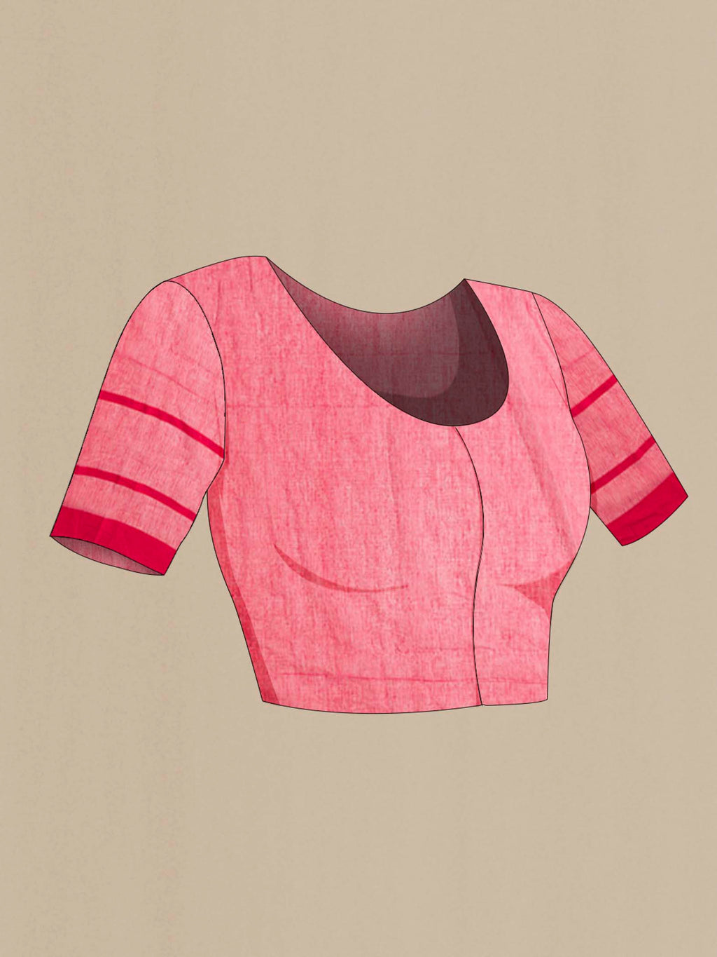 Close up image of the blouse of Chhaya, our Bengal cotton saree, draws inspiration from the clean, modern lines of Piet Mondrian A contrasting band forms the top border, creating a striking visual highlight across the body, while minimal stripes along the base and pallu introduce structure and balance Bold colour blocks reinterpret Chhaya, meaning shadow in Hindi, and the solid pallu completes the look with contemporary ease