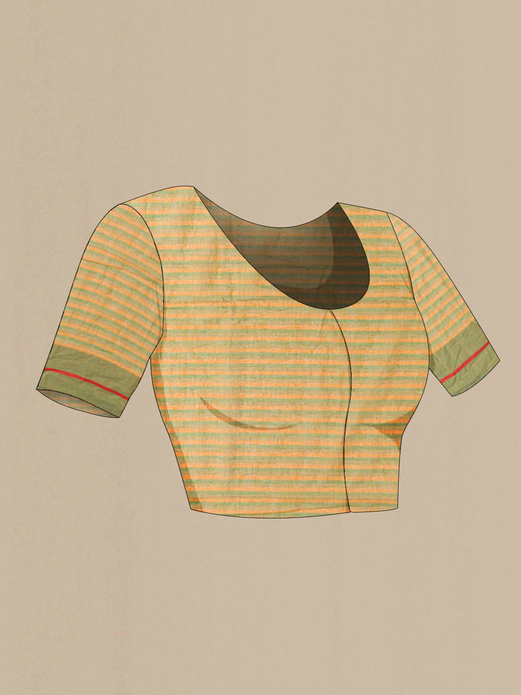 Close up image of the blouse of Aamras, named after the beloved summer indulgence, is a Bengal cotton saree woven in fine 60-count cotton Clean horizontal stripes move in a gentle linear rhythm, while the pallu carries delicate zari, balanced by bright accent stripes Its hues draw from the mango itself, shifting from tender green to ripened yellow Light and breathable, Aamras is made for warm days and unhurried dressing