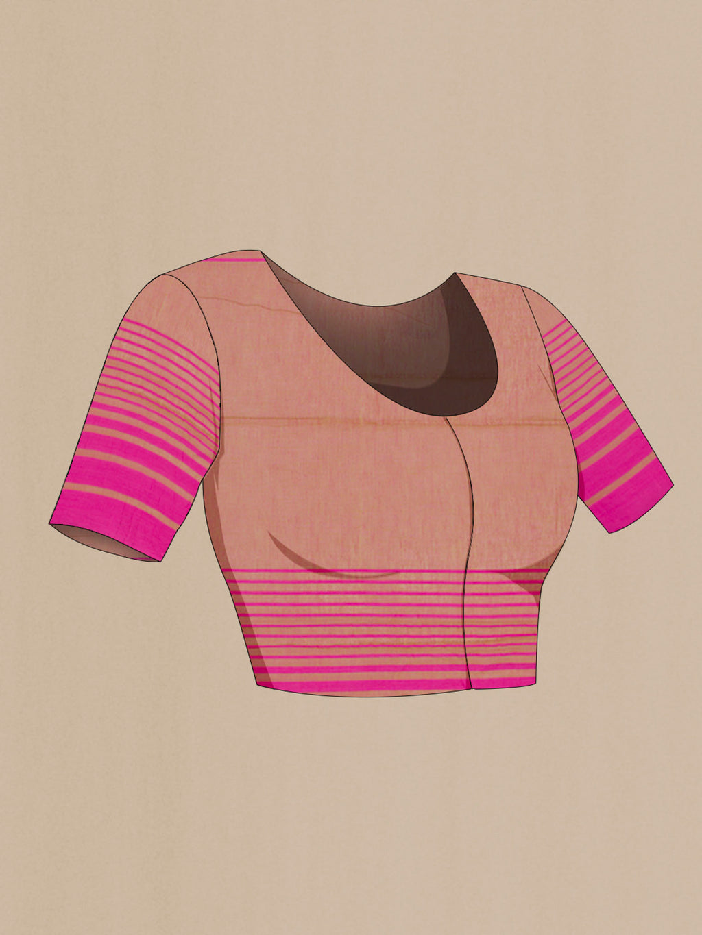 Close up image of the blouse of Titli, framed with proportioned stripes that gradually narrow towards the body, bringing together a vibrant palette in harmony Where the border and pallu stripes meet, tiny checks appear, evoking abstract butterflies - delicate creatures of spring and summer The plain body offers soft contrast, allowing the colours to shine On the pallu, these stripes return as subtle checks, adding a light, balanced finish