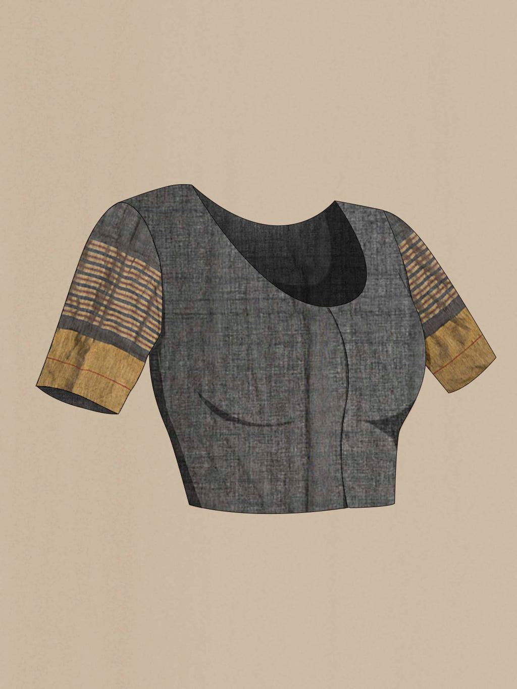 Close up image of the blouse of Surahi, a name that evokes the earth and grounded beauty, carries a sense of calm poise in its design Woven in fine cotton, it is framed by a striking zari border where gold and silver stripes meet a slender accent line, adding subtle distinction Rich colour tones and a refined striped layout lend it quiet elegance, while a broad gold zari band completes the border with a distinct finish