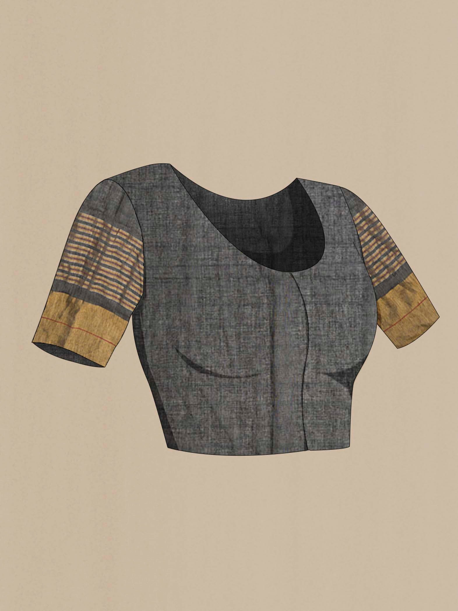 Close up image of the blouse of Surahi, a name that evokes the earth and grounded beauty, carries a sense of calm poise in its design Woven in fine cotton, it is framed by a striking zari border where gold and silver stripes meet a slender accent line, adding subtle distinction Rich colour tones and a refined striped layout lend it quiet elegance, while a broad gold zari band completes the border with a distinct finish