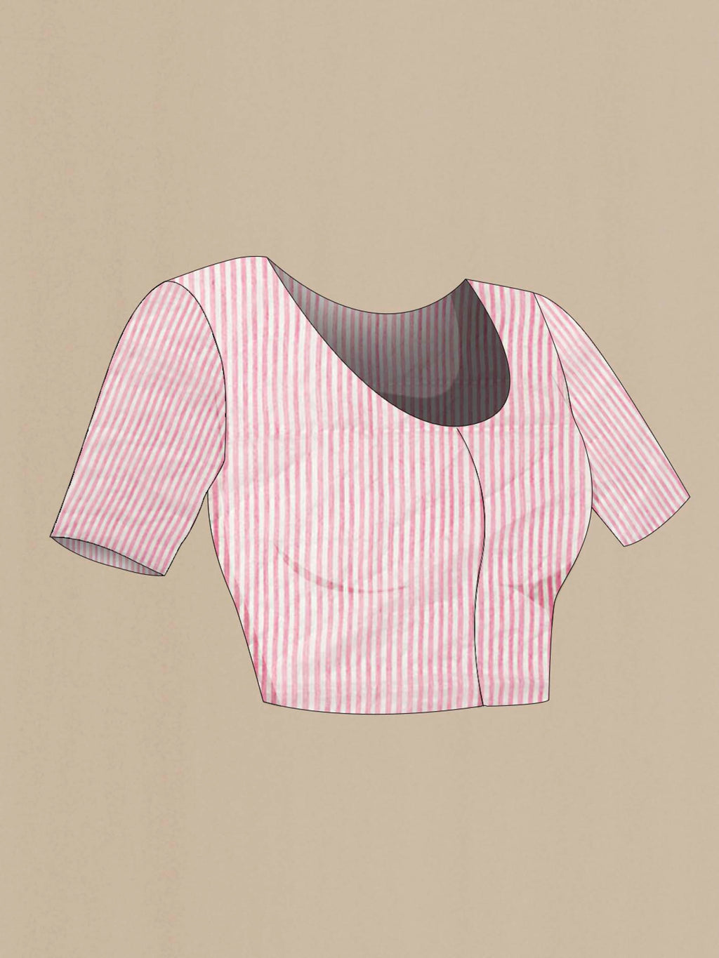 Close up image of the blouse of Mogra is designed to feel light and effortless Its muted pastels draw from the soft, fragrant bloom of jasmine, mogra, giving the saree its name Intentional colour-blocking lends it a distinct presence, while contrasting panels shape the pleats and pallu with quiet structure Fine vertical stripes add subtle detail, and silver zari stripes on the pallu offer a gentle, radiant highlight