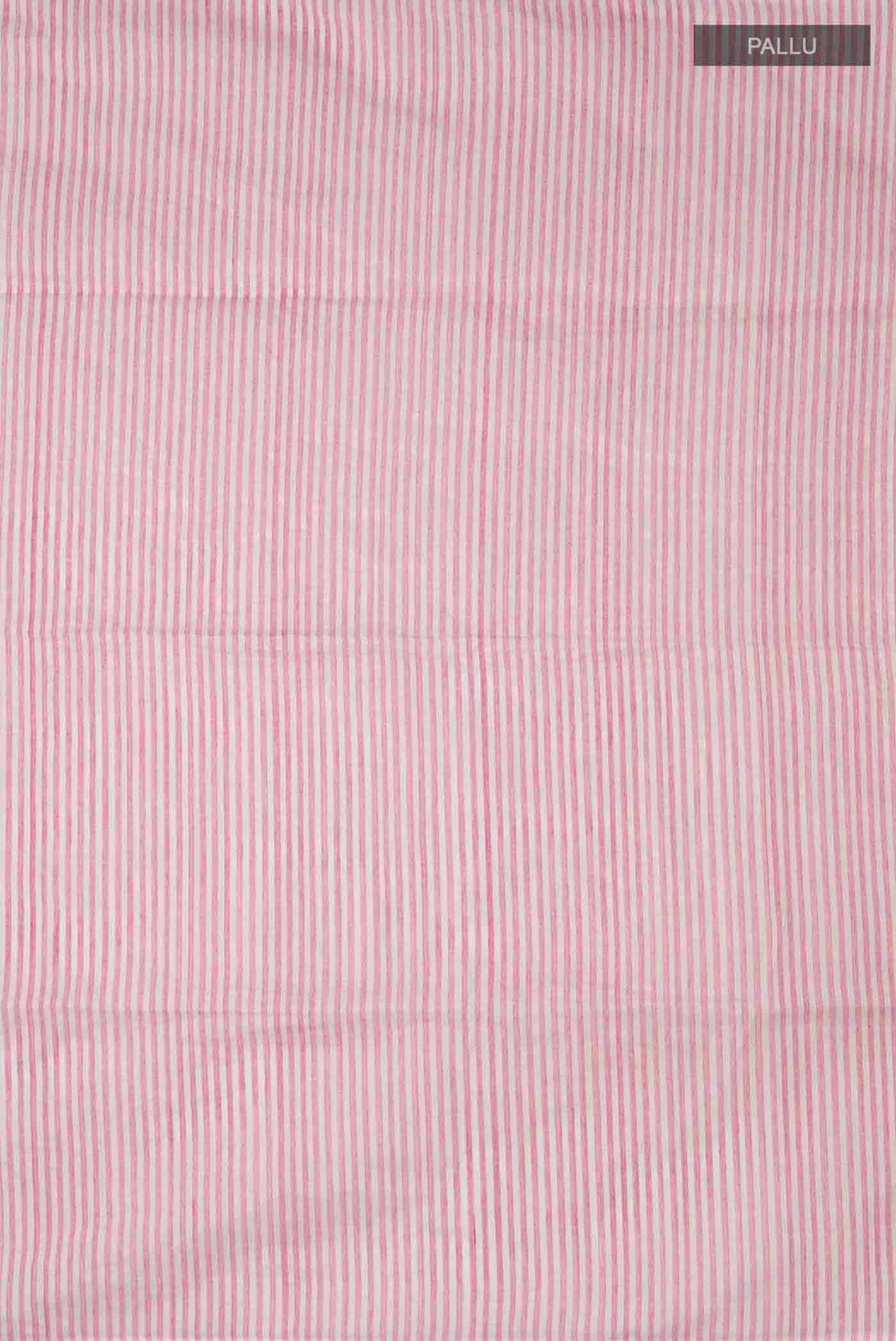 Close up image of the pallu of Mogra is designed to feel light and effortless Its muted pastels draw from the soft, fragrant bloom of jasmine, mogra, giving the saree its name Intentional colour-blocking lends it a distinct presence, while contrasting panels shape the pleats and pallu with quiet structure Fine vertical stripes add subtle detail, and silver zari stripes on the pallu offer a gentle, radiant highlight