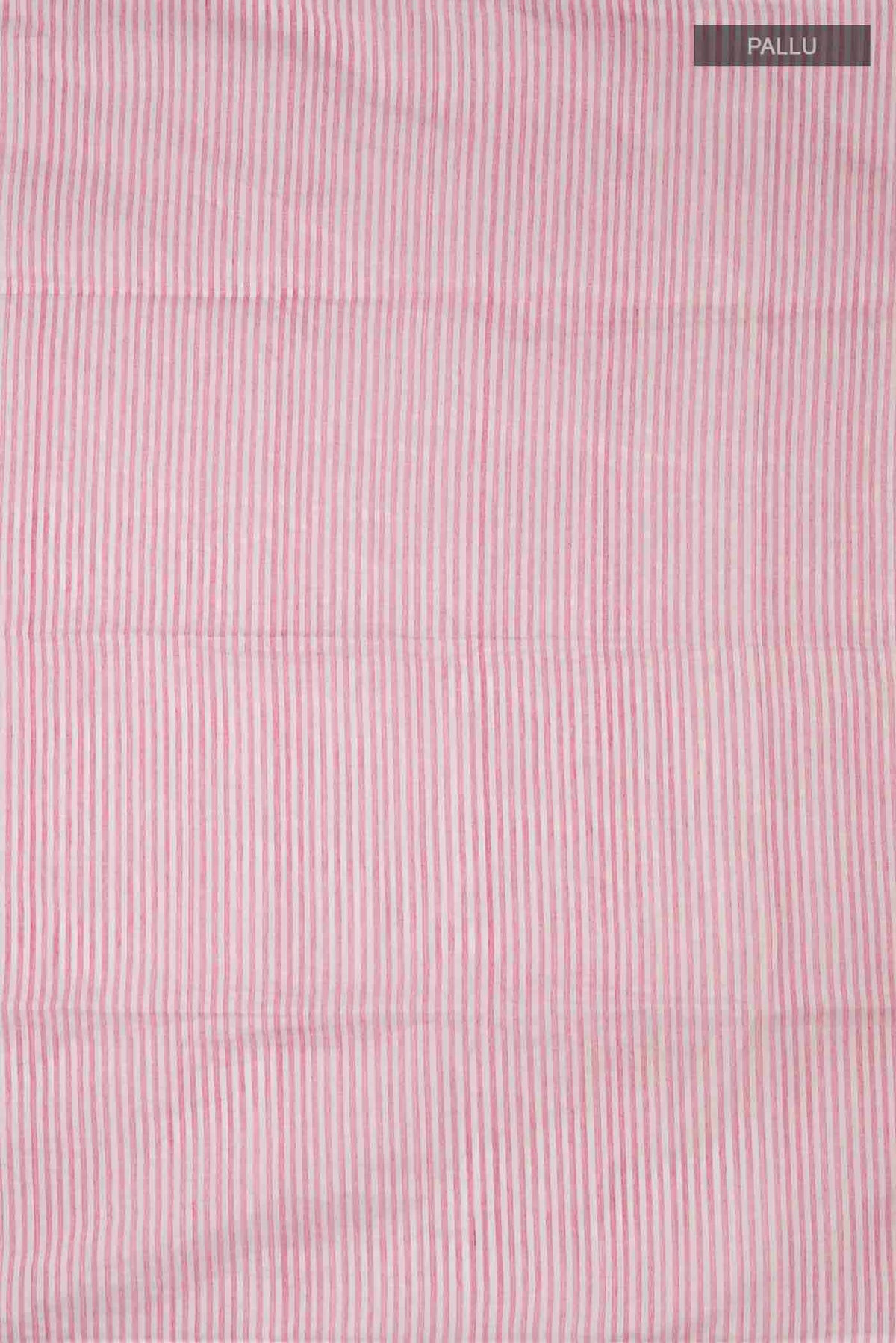 Close up image of the pallu of Mogra is designed to feel light and effortless Its muted pastels draw from the soft, fragrant bloom of jasmine, mogra, giving the saree its name Intentional colour-blocking lends it a distinct presence, while contrasting panels shape the pleats and pallu with quiet structure Fine vertical stripes add subtle detail, and silver zari stripes on the pallu offer a gentle, radiant highlight