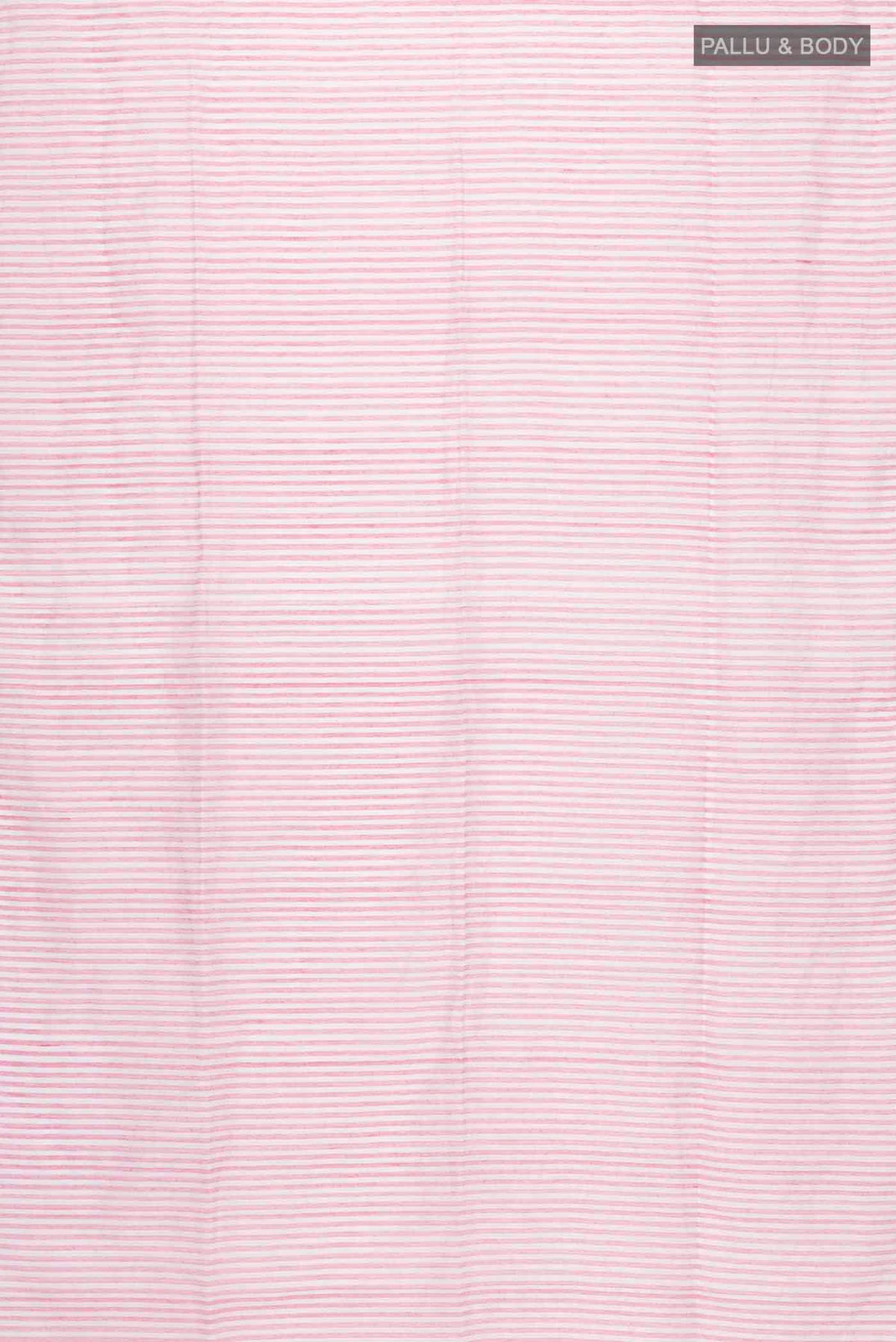 Flat view of Mogra is designed to feel light and effortless Its muted pastels draw from the soft, fragrant bloom of jasmine, mogra, giving the saree its name Intentional colour-blocking lends it a distinct presence, while contrasting panels shape the pleats and pallu with quiet structure Fine vertical stripes add subtle detail, and silver zari stripes on the pallu offer a gentle, radiant highlight