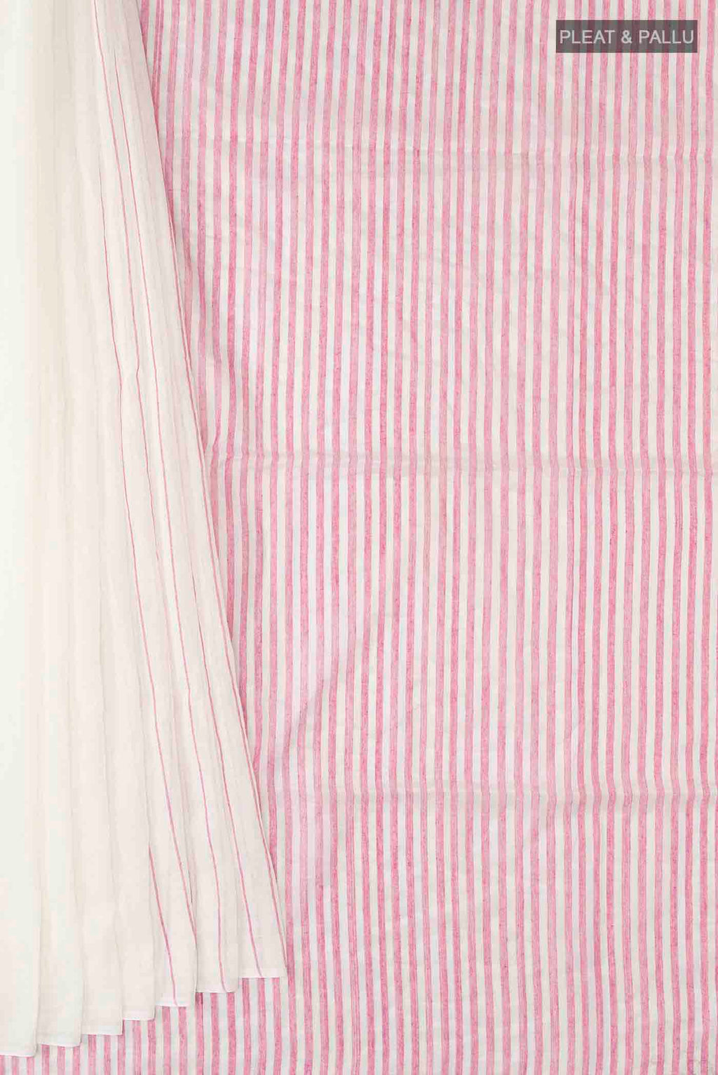 Pleats and pallu of Mogra is designed to feel light and effortless Its muted pastels draw from the soft, fragrant bloom of jasmine, mogra, giving the saree its name Intentional colour-blocking lends it a distinct presence, while contrasting panels shape the pleats and pallu with quiet structure Fine vertical stripes add subtle detail, and silver zari stripes on the pallu offer a gentle, radiant highlight