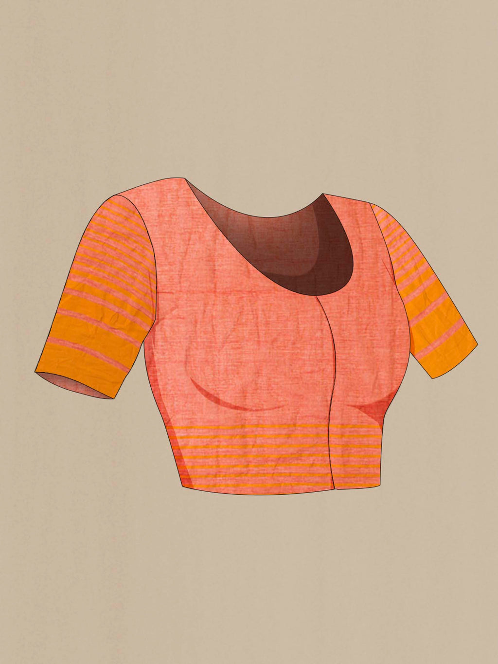 Close up image of the blouse of Titli, framed with proportioned stripes that gradually narrow towards the body, bringing together a vibrant palette in harmony Where the border and pallu stripes meet, tiny checks appear, evoking abstract butterflies - delicate creatures of spring and summer The plain body offers soft contrast, allowing the colours to shine On the pallu, these stripes return as subtle checks, adding a light, balanced finish