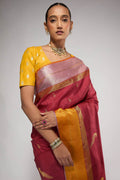 Close up image of the blouse of Pure Silk Pure Zari Maroon Kanchipuram Saree with Zari Butta on the body and Zari Border