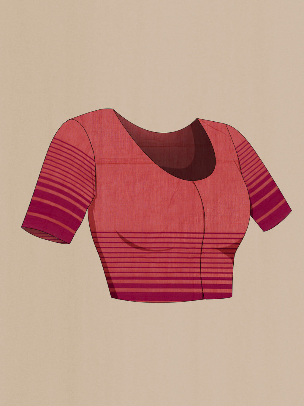 Close up image of the blouse of Titli, framed with proportioned stripes that gradually narrow towards the body, bringing together a vibrant palette in harmony Where the border and pallu stripes meet, tiny checks appear, evoking abstract butterflies - delicate creatures of spring and summer The plain body offers soft contrast, allowing the colours to shine On the pallu, these stripes return as subtle checks, adding a light, balanced finish