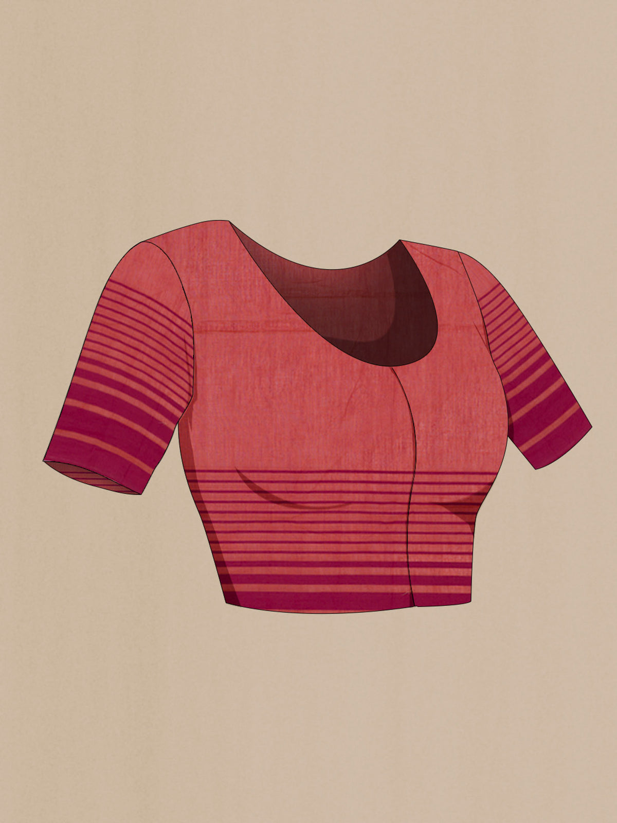 Close up image of the blouse of Titli, framed with proportioned stripes that gradually narrow towards the body, bringing together a vibrant palette in harmony Where the border and pallu stripes meet, tiny checks appear, evoking abstract butterflies - delicate creatures of spring and summer The plain body offers soft contrast, allowing the colours to shine On the pallu, these stripes return as subtle checks, adding a light, balanced finish