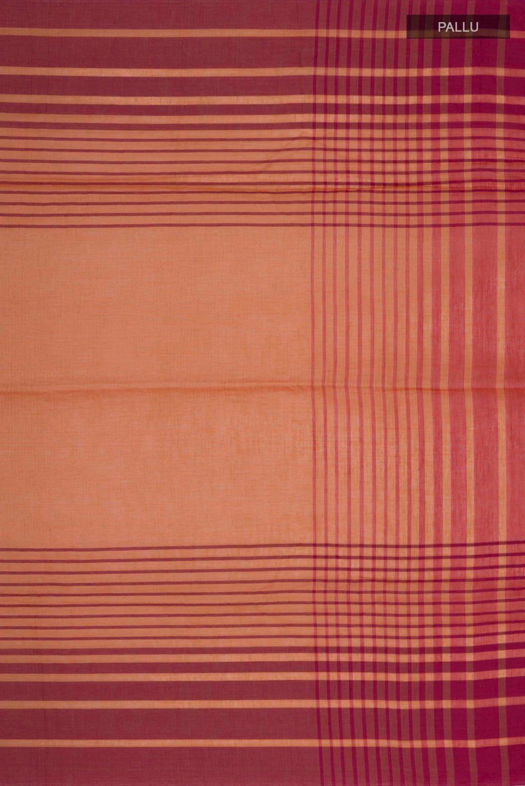 Close up image of the pallu of Titli, framed with proportioned stripes that gradually narrow towards the body, bringing together a vibrant palette in harmony Where the border and pallu stripes meet, tiny checks appear, evoking abstract butterflies - delicate creatures of spring and summer The plain body offers soft contrast, allowing the colours to shine On the pallu, these stripes return as subtle checks, adding a light, balanced finish