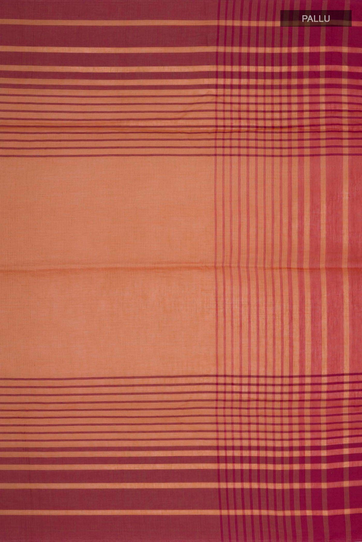 Close up image of the pallu of Titli, framed with proportioned stripes that gradually narrow towards the body, bringing together a vibrant palette in harmony Where the border and pallu stripes meet, tiny checks appear, evoking abstract butterflies - delicate creatures of spring and summer The plain body offers soft contrast, allowing the colours to shine On the pallu, these stripes return as subtle checks, adding a light, balanced finish