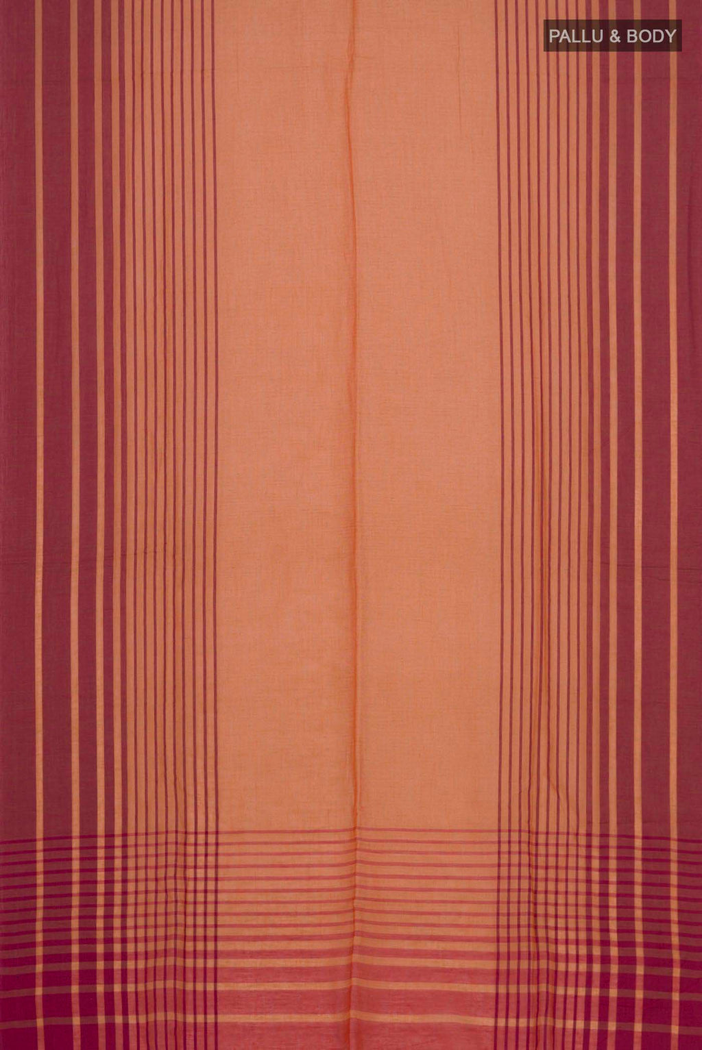 Flat view of Titli, framed with proportioned stripes that gradually narrow towards the body, bringing together a vibrant palette in harmony Where the border and pallu stripes meet, tiny checks appear, evoking abstract butterflies - delicate creatures of spring and summer The plain body offers soft contrast, allowing the colours to shine On the pallu, these stripes return as subtle checks, adding a light, balanced finish
