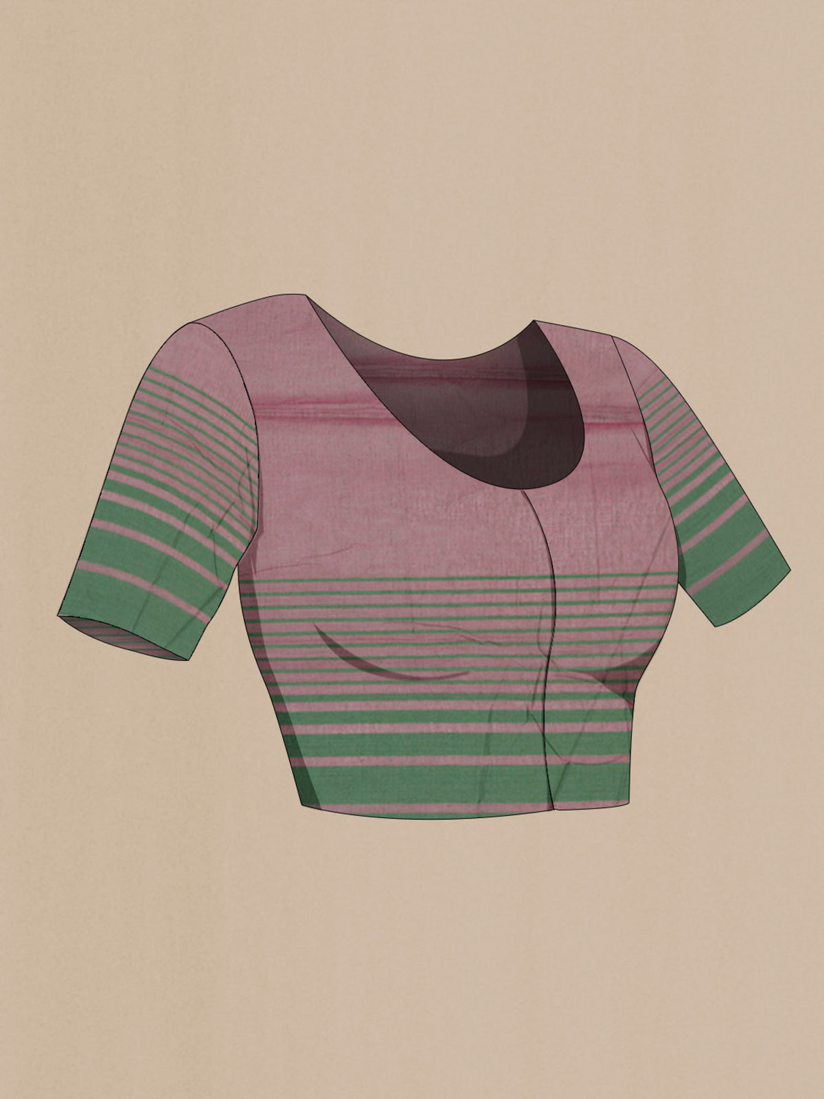 Close up image of the blouse of Titli, framed with proportioned stripes that gradually narrow towards the body, bringing together a vibrant palette in harmony Where the border and pallu stripes meet, tiny checks appear, evoking abstract butterflies - delicate creatures of spring and summer The plain body offers soft contrast, allowing the colours to shine On the pallu, these stripes return as subtle checks, adding a light, balanced finish