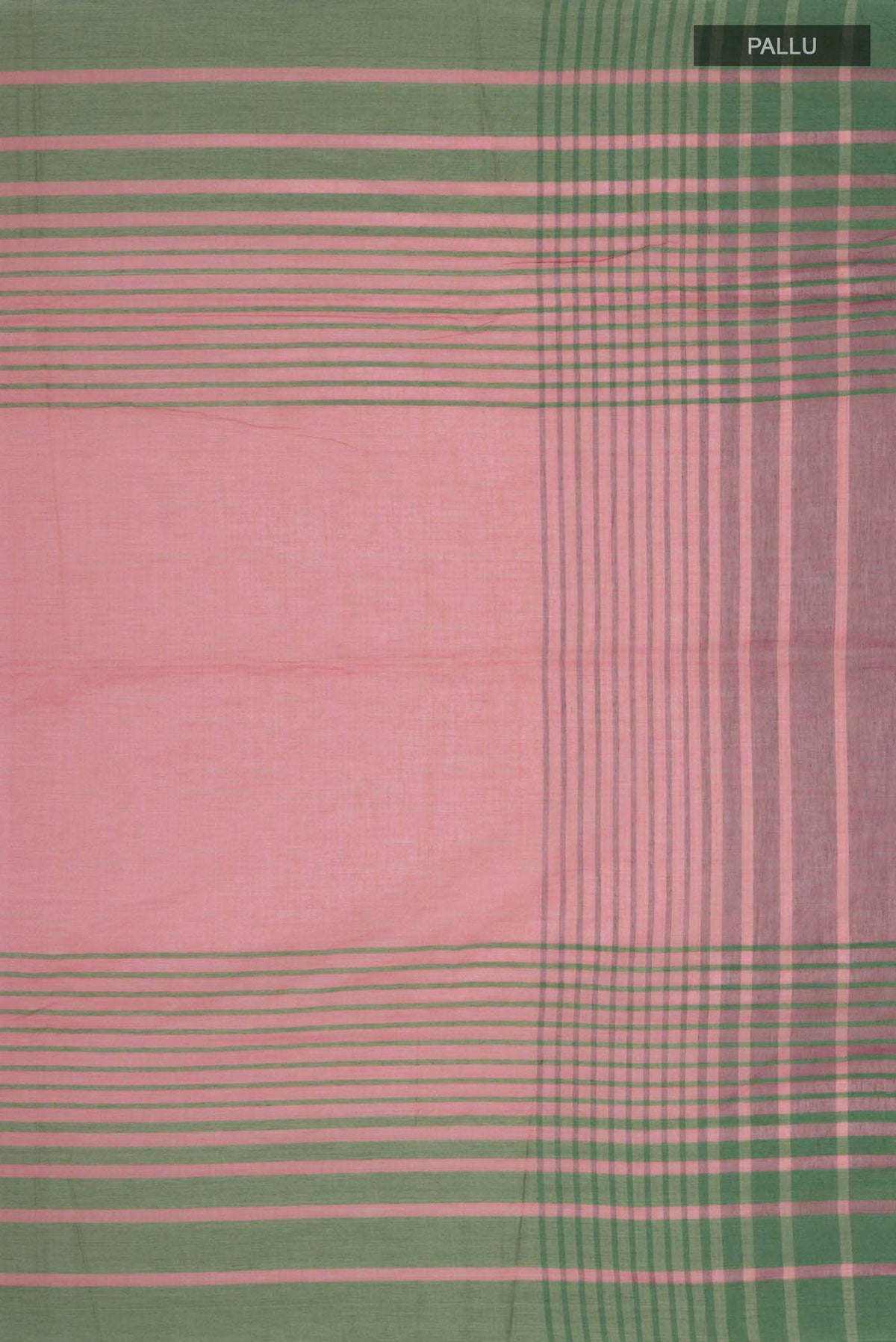 Close up image of the pallu of Titli, framed with proportioned stripes that gradually narrow towards the body, bringing together a vibrant palette in harmony Where the border and pallu stripes meet, tiny checks appear, evoking abstract butterflies - delicate creatures of spring and summer The plain body offers soft contrast, allowing the colours to shine On the pallu, these stripes return as subtle checks, adding a light, balanced finish