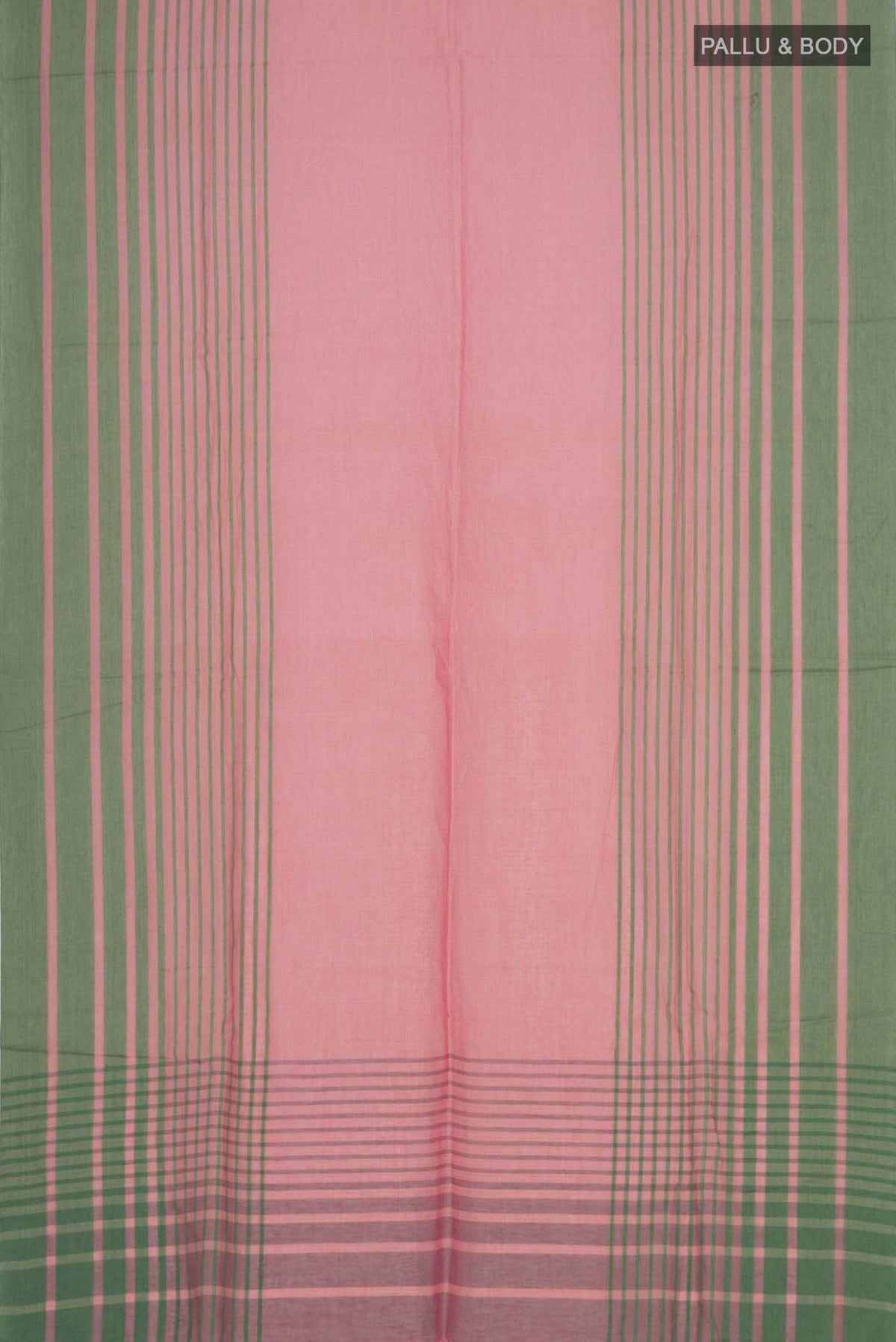 Flat view of Titli, framed with proportioned stripes that gradually narrow towards the body, bringing together a vibrant palette in harmony Where the border and pallu stripes meet, tiny checks appear, evoking abstract butterflies - delicate creatures of spring and summer The plain body offers soft contrast, allowing the colours to shine On the pallu, these stripes return as subtle checks, adding a light, balanced finish