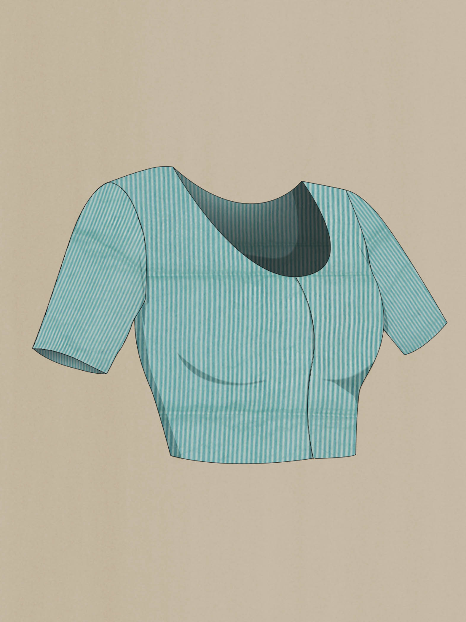 Close up image of the blouse of Mogra is designed to feel light and effortless Its muted pastels draw from the soft, fragrant bloom of jasmine, mogra, giving the saree its name Intentional colour-blocking lends it a distinct presence, while contrasting panels shape the pleats and pallu with quiet structure Fine vertical stripes add subtle detail, and silver zari stripes on the pallu offer a gentle, radiant highlight
