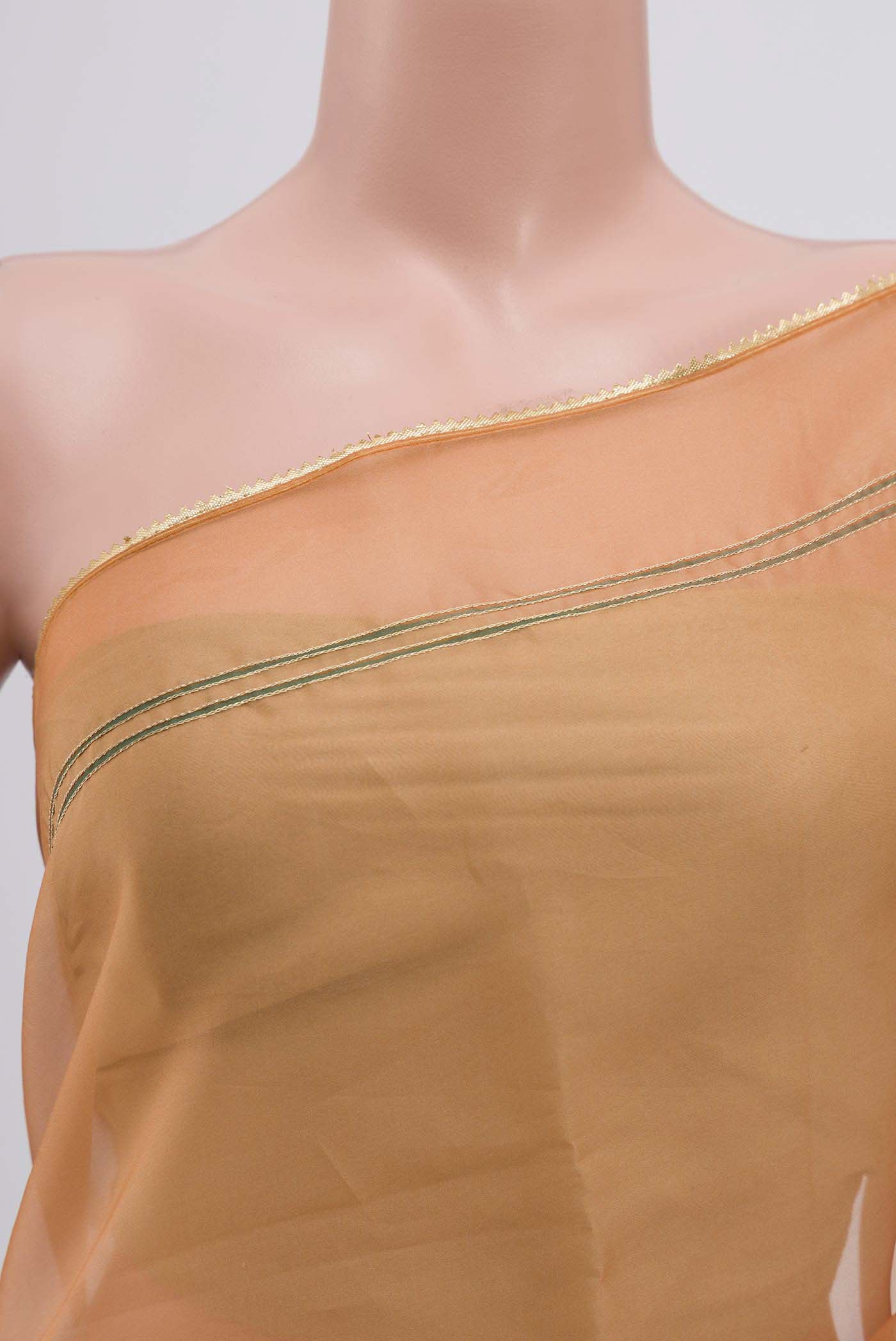 Close up of Orange Organza Silk Saree with Plain Body and Attached Border displaying folds