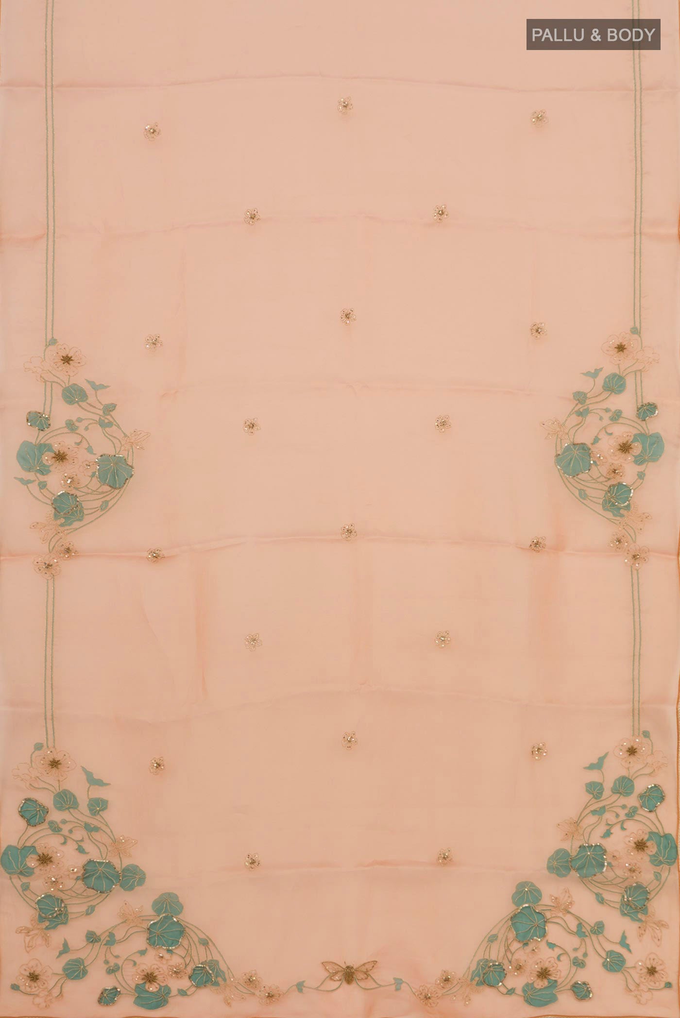 Flat view of Orange Organza Silk Saree with Plain Body and Attached Border