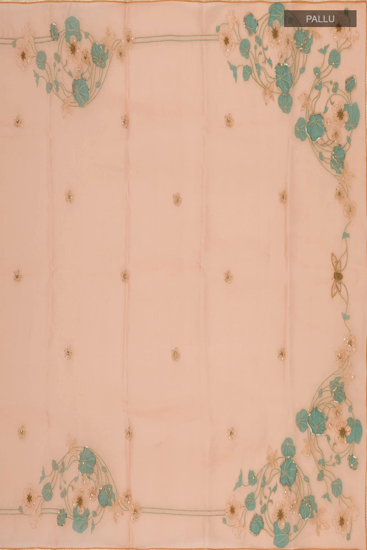 Pleats and pallu of Orange Organza Silk Saree with Plain Body and Attached Border