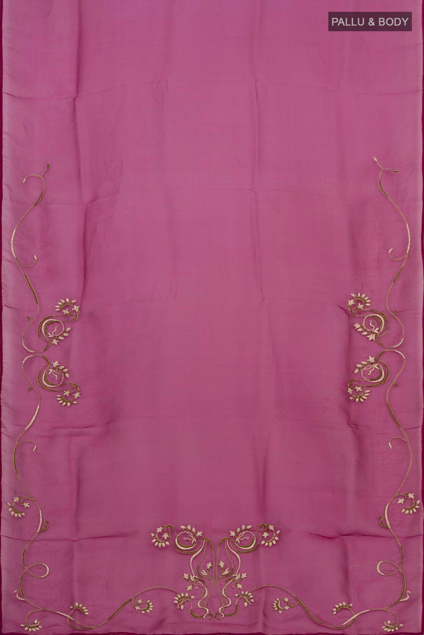 Flat view of Purple Organza Silk Saree with Embroidery on the body and Attached Border