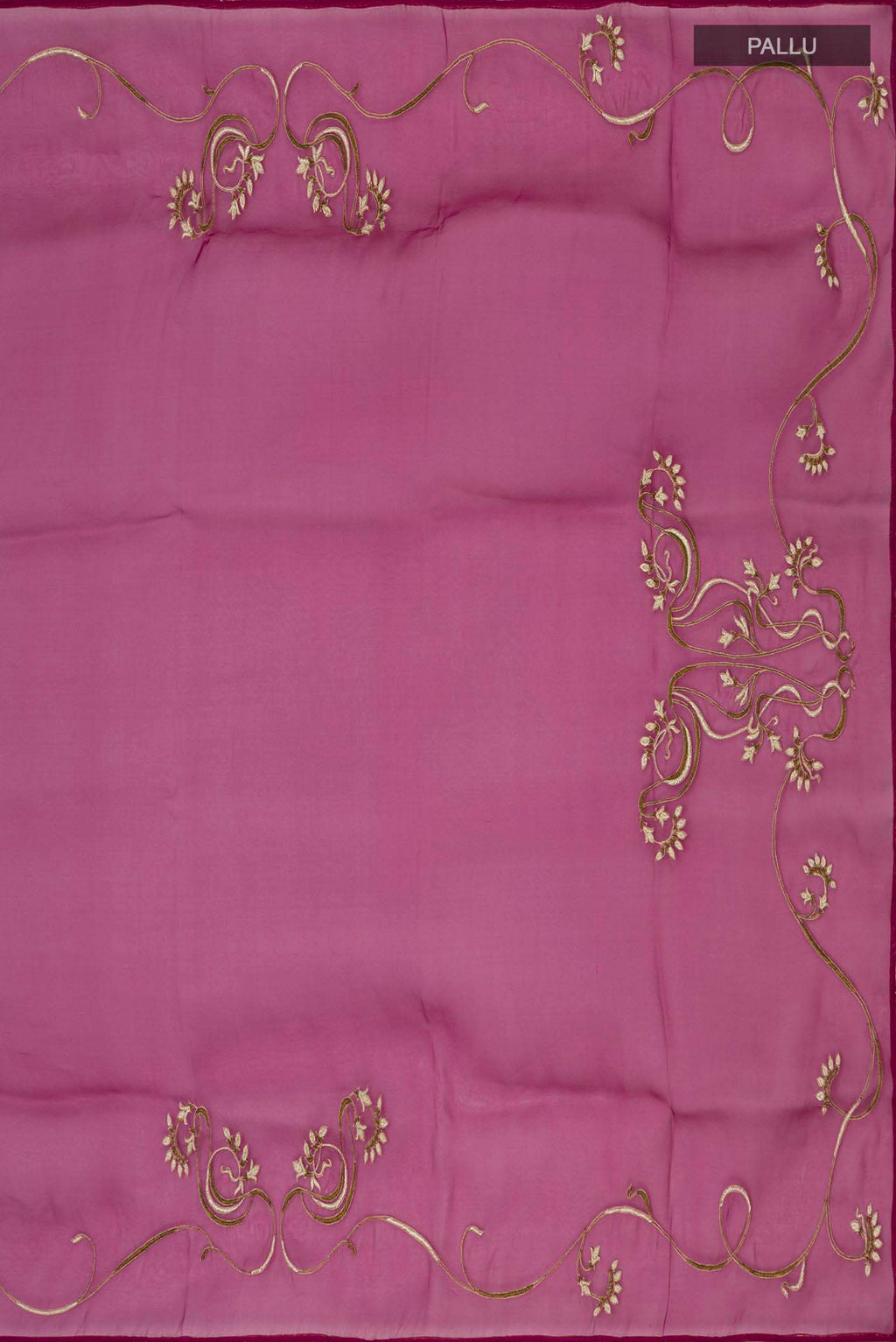 Pleats and pallu of Purple Organza Silk Saree with Embroidery on the body and Attached Border
