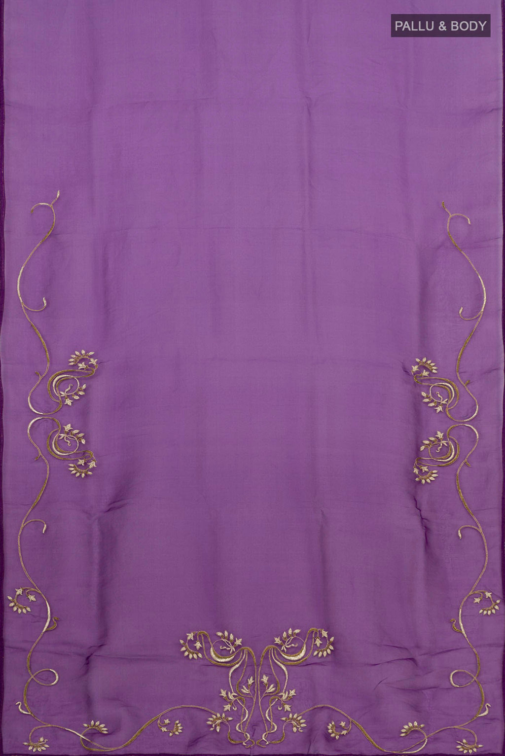 Flat view of Violet Organza Silk Saree with Embroidery on the body and Attached Border