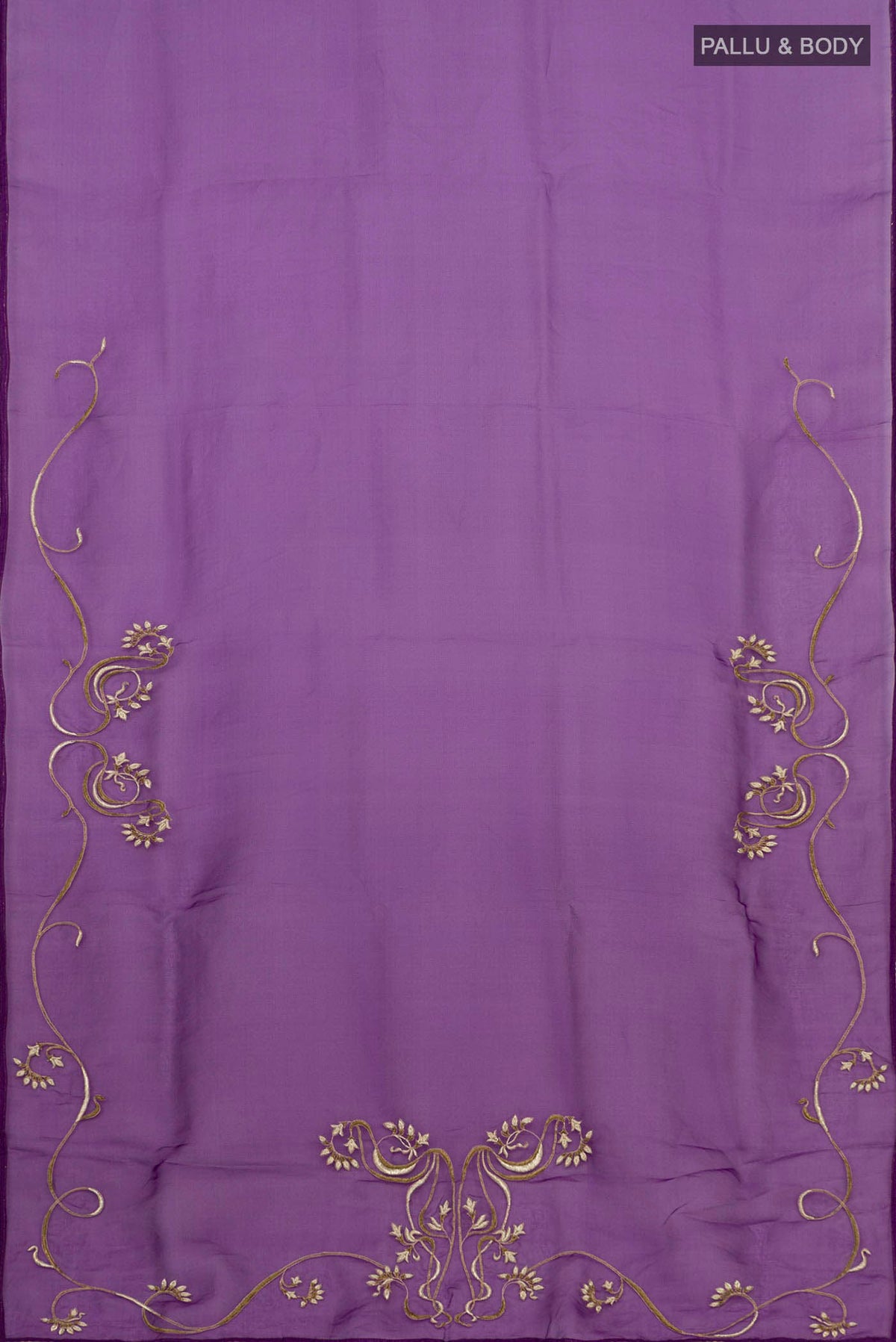 Flat view of Violet Organza Silk Saree with Embroidery on the body and Attached Border