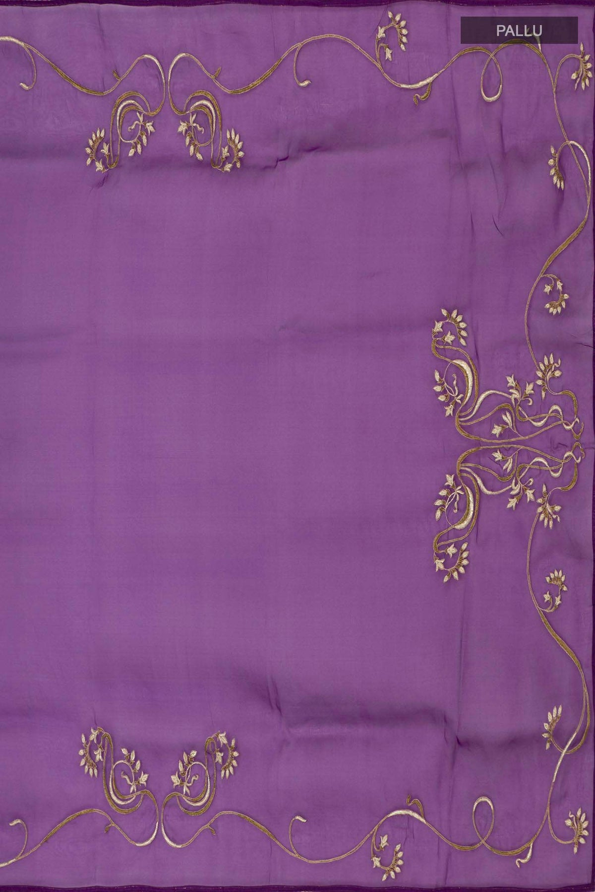 Pleats and pallu of Violet Organza Silk Saree with Embroidery on the body and Attached Border