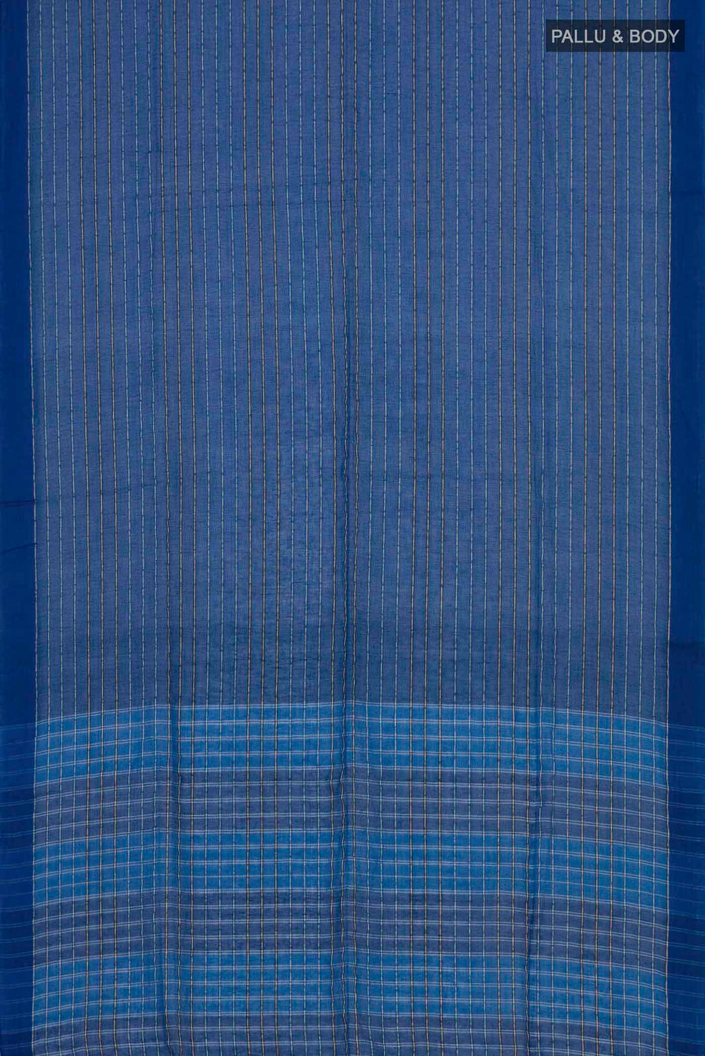 Flat view of Mishri, a celebration of summer in Bengal cotton, is woven in fine 60-count cotton and drapes with natural comfort Soft stripes move in gentle linear patterns across the fabric, creating a lively yet balanced design The fine checks they form are a gentle reminder of crystal sugar, lending the saree its name Light, breathable, and effortlessly wearable for sunlit days