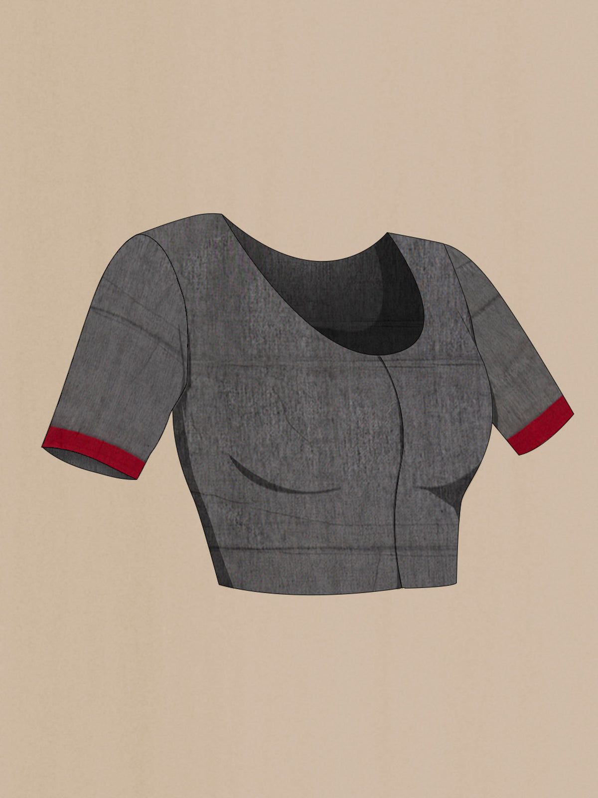 Close up image of the blouse of Chhaya, our Bengal cotton saree, draws inspiration from the clean, modern lines of Piet Mondrian A contrasting band forms the top border, creating a striking visual highlight across the body, while minimal stripes along the base and pallu introduce structure and balance Bold colour blocks reinterpret Chhaya, meaning shadow in Hindi, and the solid pallu completes the look with contemporary ease