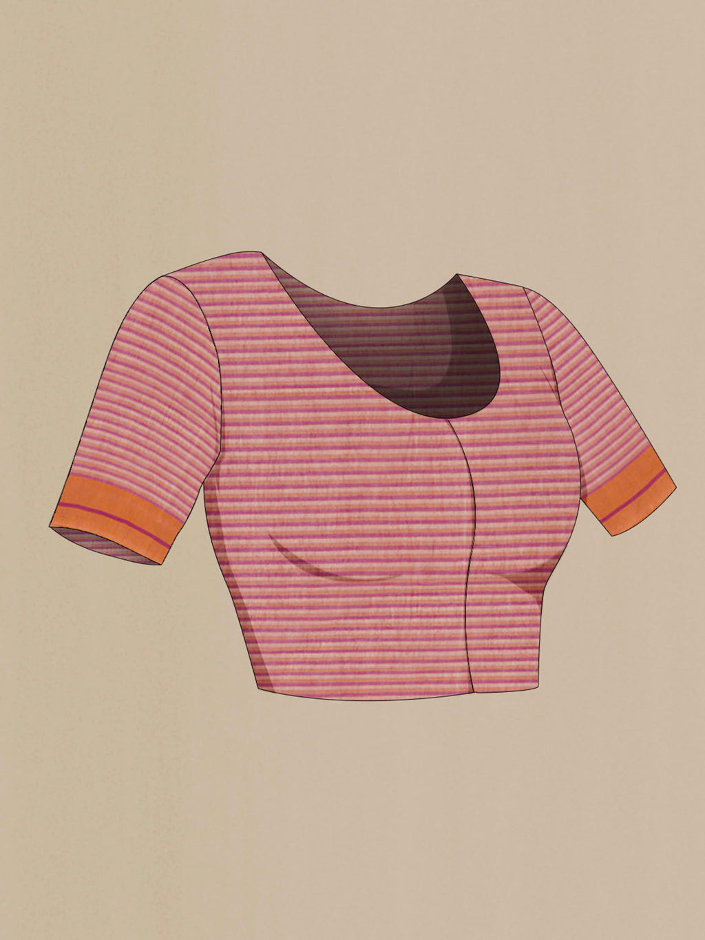 Close up image of the blouse of Aamras, named after the beloved summer indulgence, is a Bengal cotton saree woven in fine 60-count cotton Clean horizontal stripes move in a gentle linear rhythm, while the pallu carries delicate zari, balanced by bright accent stripes Its hues draw from the mango itself, shifting from tender green to ripened yellow Light and breathable, Aamras is made for warm days and unhurried dressing