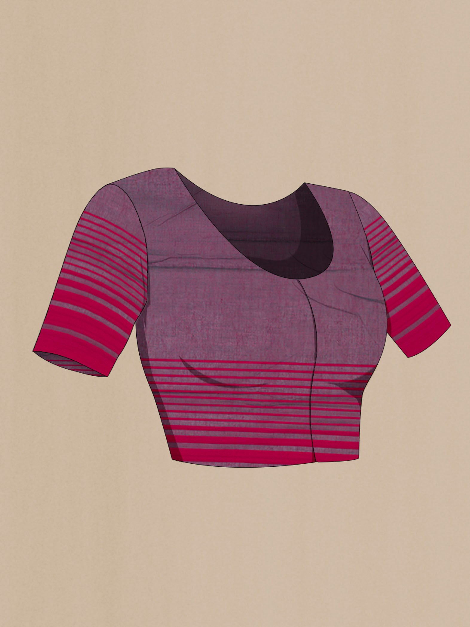 Close up image of the blouse of Titli, framed with proportioned stripes that gradually narrow towards the body, bringing together a vibrant palette in harmony Where the border and pallu stripes meet, tiny checks appear, evoking abstract butterflies - delicate creatures of spring and summer The plain body offers soft contrast, allowing the colours to shine On the pallu, these stripes return as subtle checks, adding a light, balanced finish