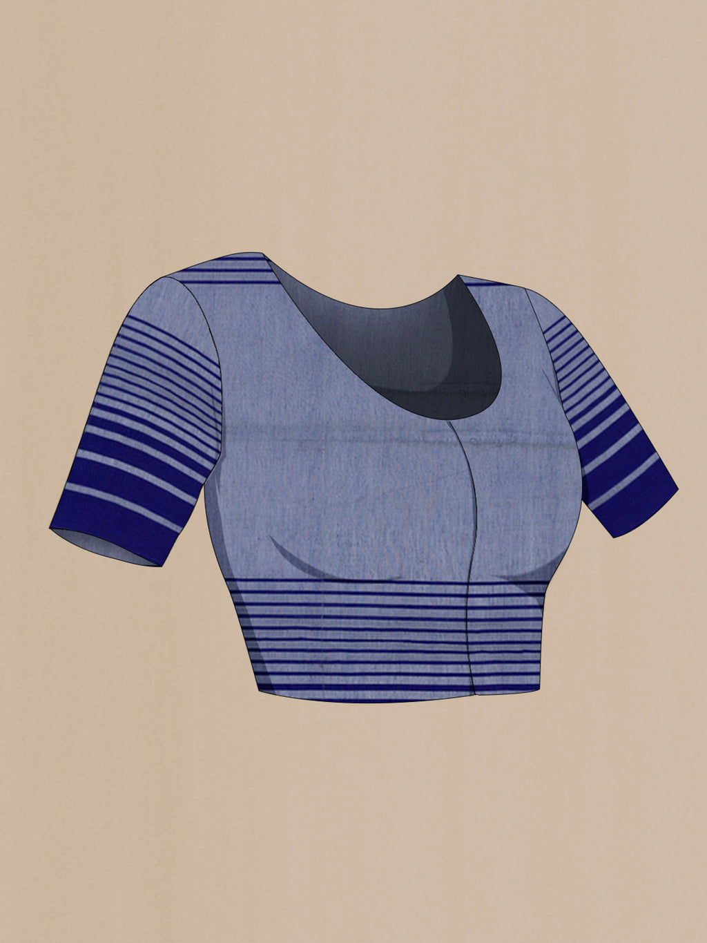 Close up image of the blouse of Titli, framed with proportioned stripes that gradually narrow towards the body, bringing together a vibrant palette in harmony Where the border and pallu stripes meet, tiny checks appear, evoking abstract butterflies - delicate creatures of spring and summer The plain body offers soft contrast, allowing the colours to shine On the pallu, these stripes return as subtle checks, adding a light, balanced finish