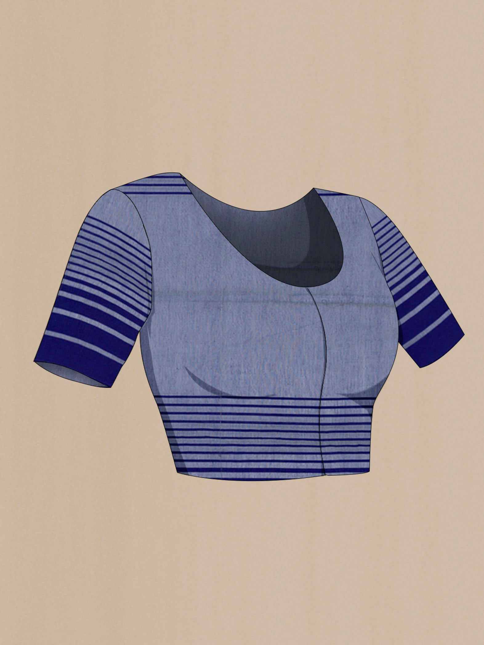 Close up image of the blouse of Titli, framed with proportioned stripes that gradually narrow towards the body, bringing together a vibrant palette in harmony Where the border and pallu stripes meet, tiny checks appear, evoking abstract butterflies - delicate creatures of spring and summer The plain body offers soft contrast, allowing the colours to shine On the pallu, these stripes return as subtle checks, adding a light, balanced finish