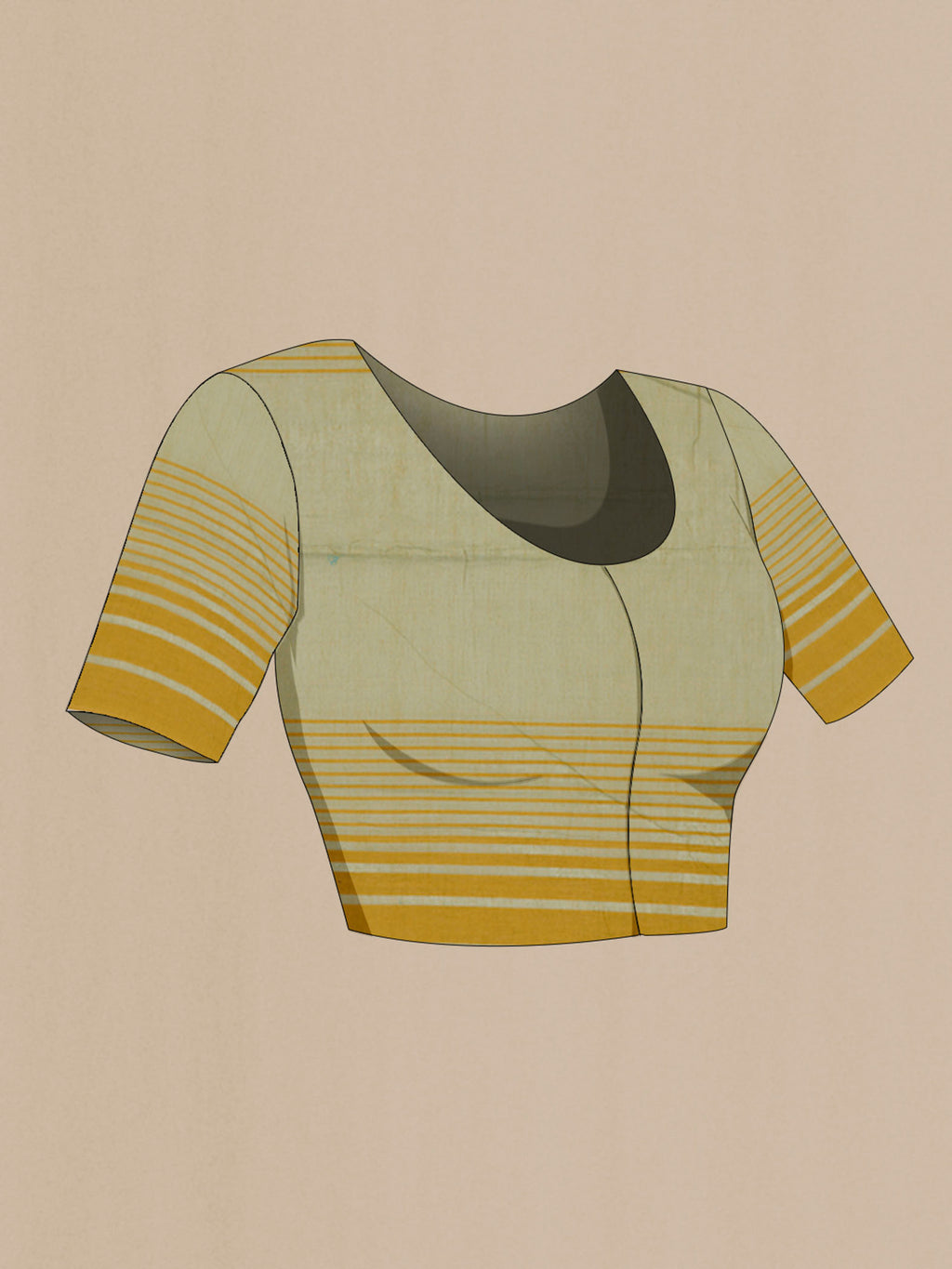 Close up image of the blouse of Titli, framed with proportioned stripes that gradually narrow towards the body, bringing together a vibrant palette in harmony Where the border and pallu stripes meet, tiny checks appear, evoking abstract butterflies - delicate creatures of spring and summer The plain body offers soft contrast, allowing the colours to shine On the pallu, these stripes return as subtle checks, adding a light, balanced finish
