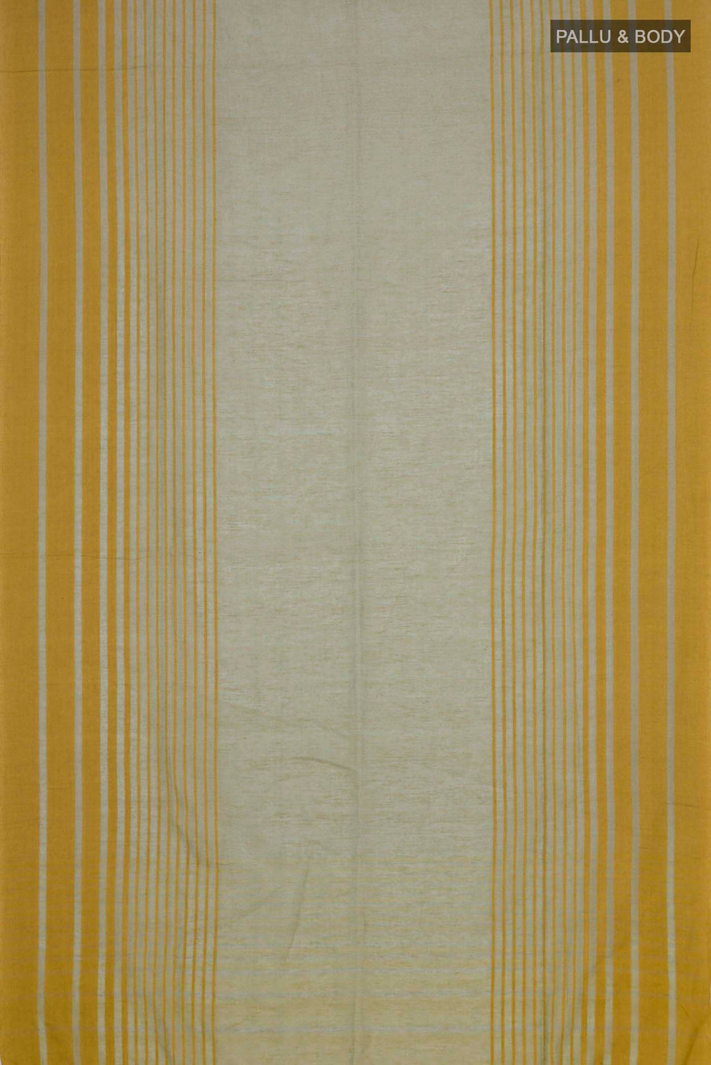 Flat view of Titli, framed with proportioned stripes that gradually narrow towards the body, bringing together a vibrant palette in harmony Where the border and pallu stripes meet, tiny checks appear, evoking abstract butterflies - delicate creatures of spring and summer The plain body offers soft contrast, allowing the colours to shine On the pallu, these stripes return as subtle checks, adding a light, balanced finish