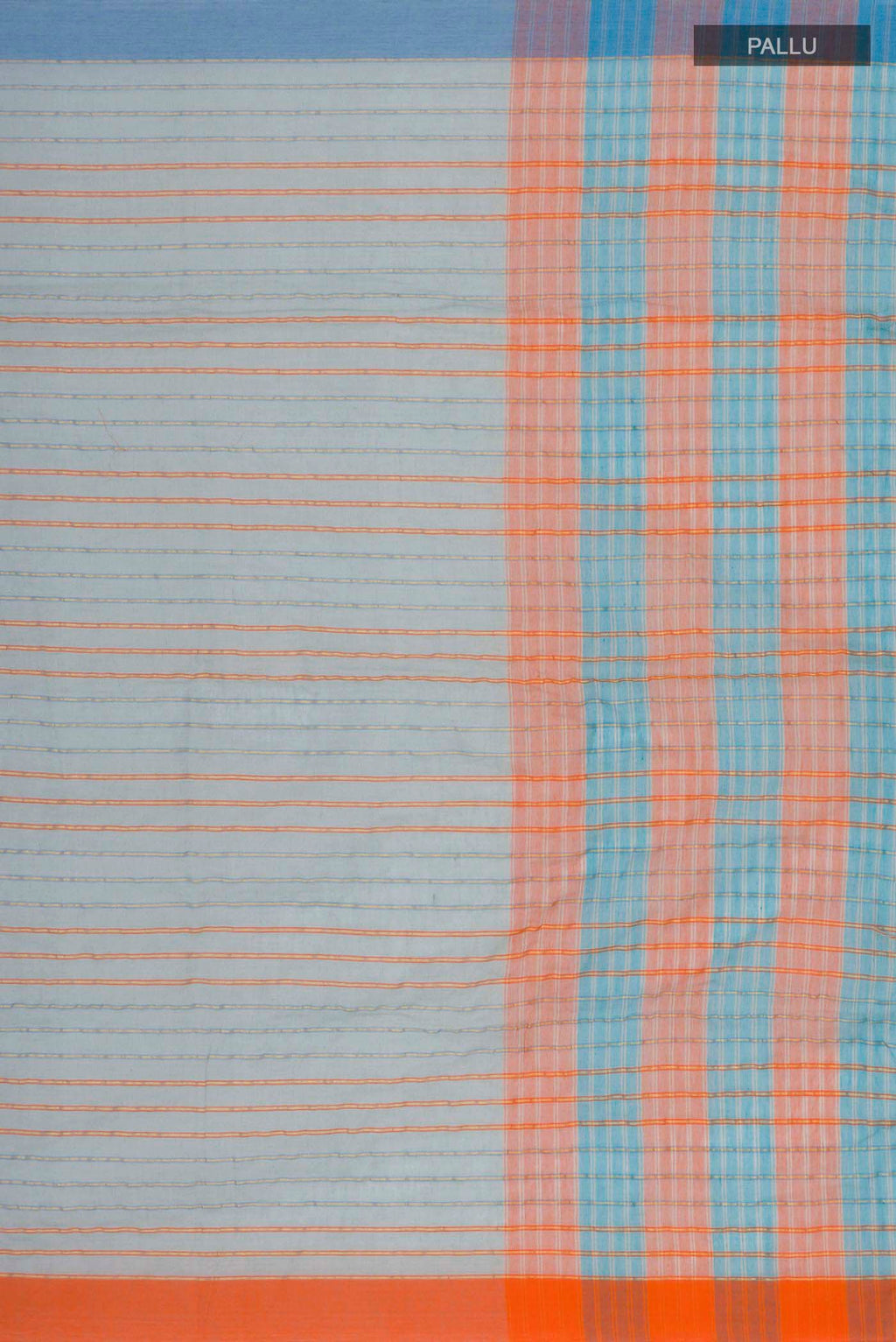 Close up image of the pallu of Mishri, a celebration of summer in Bengal cotton, is woven in fine 60-count cotton and drapes with natural comfort Soft stripes move in gentle linear patterns across the fabric, creating a lively yet balanced design The fine checks they form are a gentle reminder of crystal sugar, lending the saree its name Light, breathable, and effortlessly wearable for sunlit days