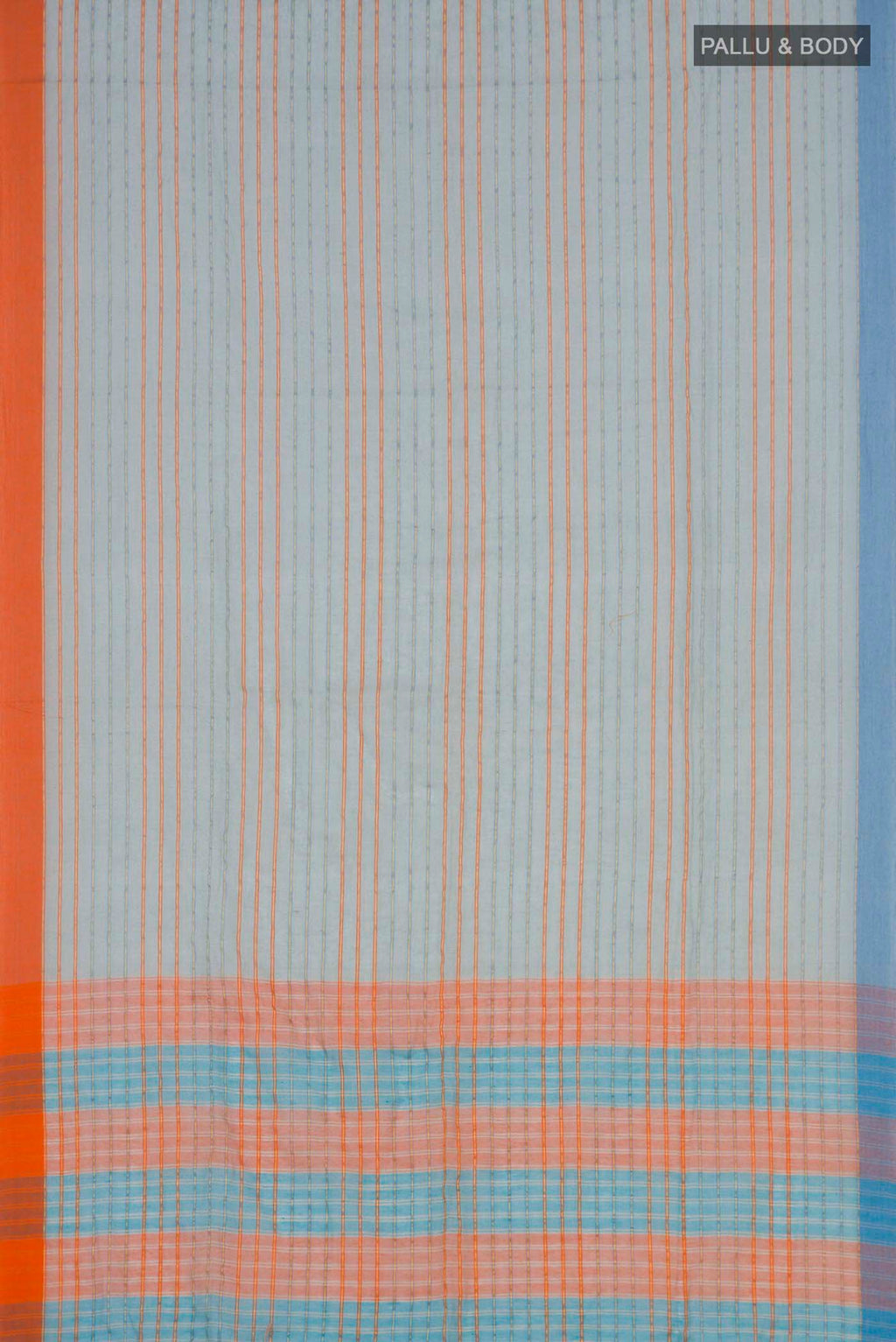Flat view of Mishri, a celebration of summer in Bengal cotton, is woven in fine 60-count cotton and drapes with natural comfort Soft stripes move in gentle linear patterns across the fabric, creating a lively yet balanced design The fine checks they form are a gentle reminder of crystal sugar, lending the saree its name Light, breathable, and effortlessly wearable for sunlit days