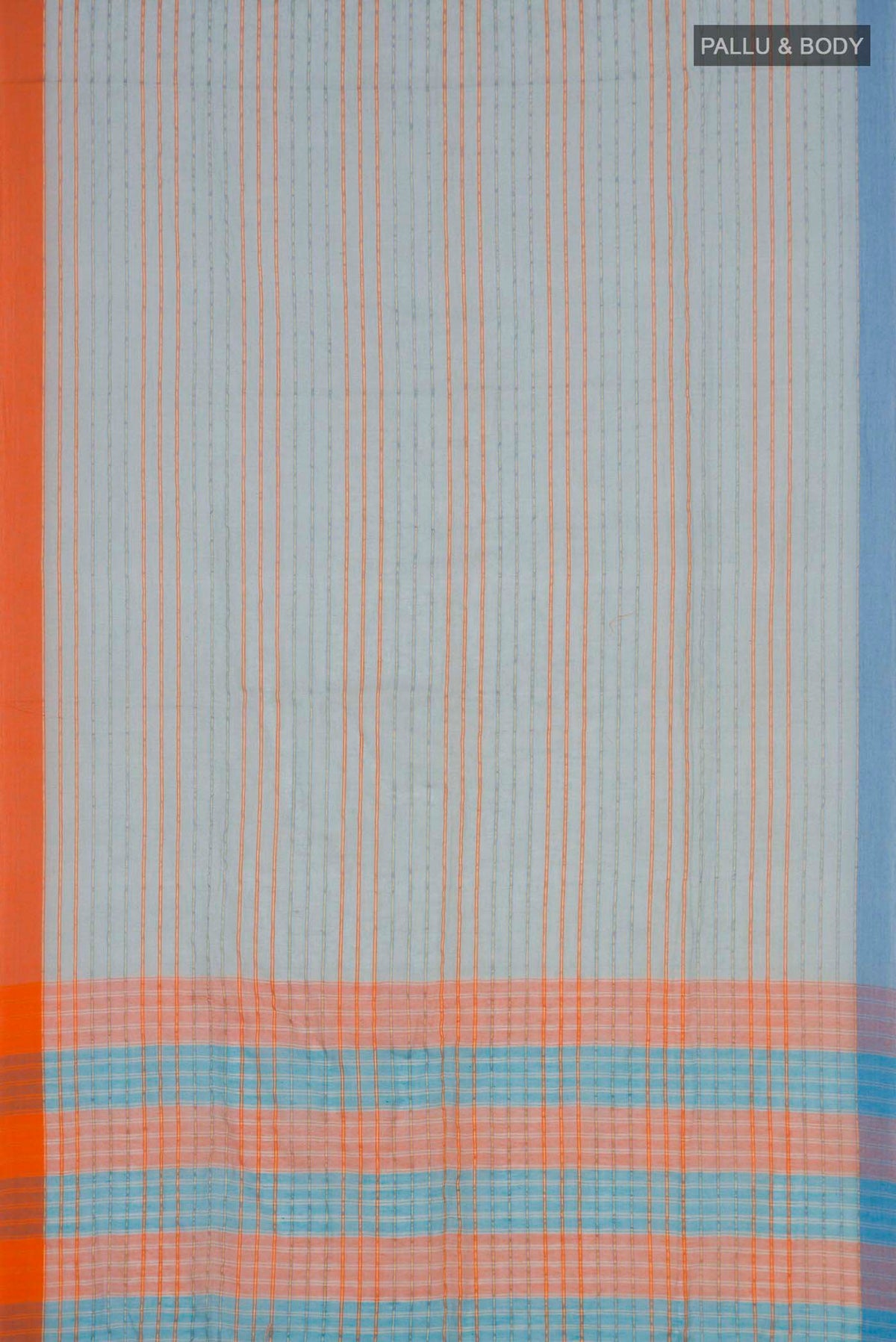 Flat view of Mishri, a celebration of summer in Bengal cotton, is woven in fine 60-count cotton and drapes with natural comfort Soft stripes move in gentle linear patterns across the fabric, creating a lively yet balanced design The fine checks they form are a gentle reminder of crystal sugar, lending the saree its name Light, breathable, and effortlessly wearable for sunlit days