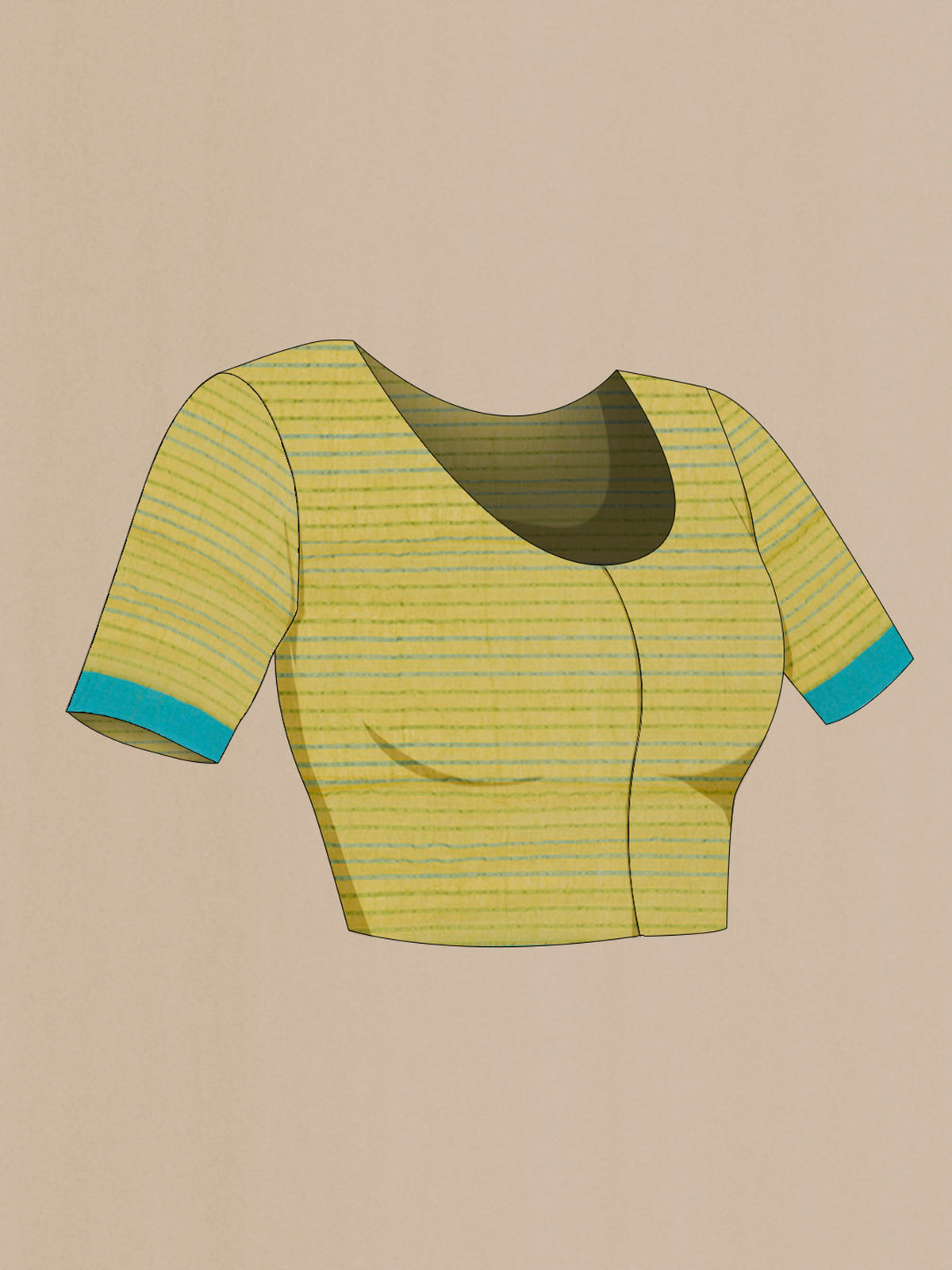 Close up image of the blouse of Mishri, a celebration of summer in Bengal cotton, is woven in fine 60-count cotton and drapes with natural comfort Soft stripes move in gentle linear patterns across the fabric, creating a lively yet balanced design The fine checks they form are a gentle reminder of crystal sugar, lending the saree its name Light, breathable, and effortlessly wearable for sunlit days