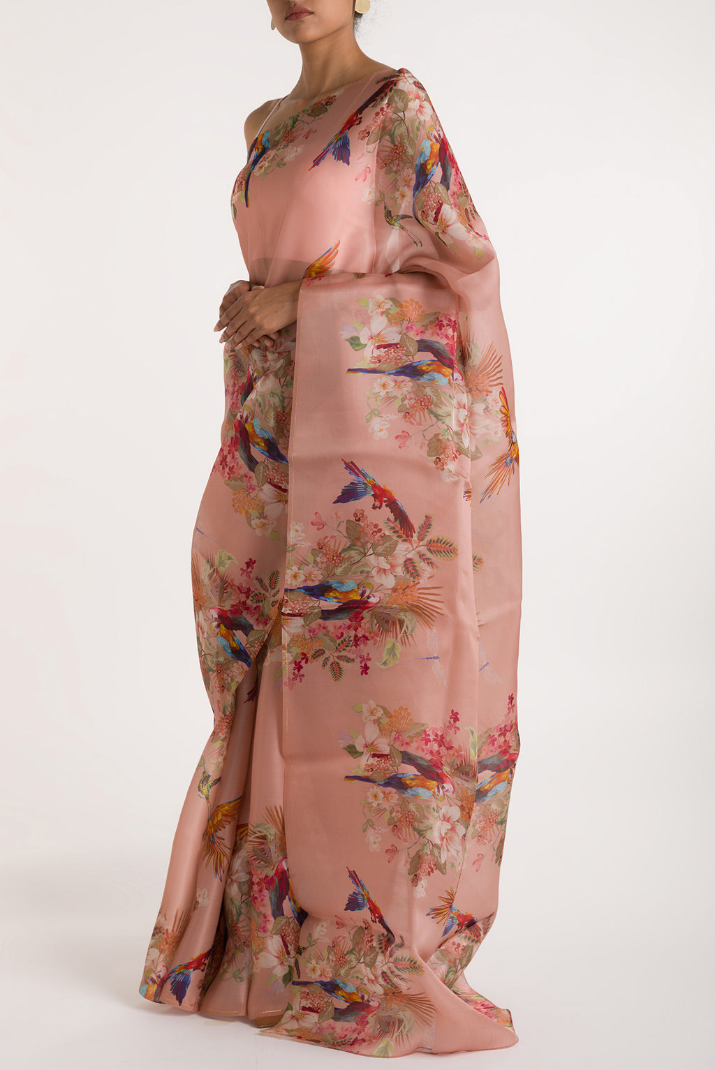 Close up image of the blouse of Peach Satin Organza Saree with Bird Print on the body and Without Border