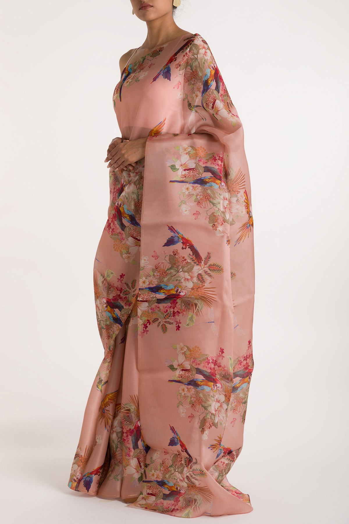Close up image of the blouse of Peach Satin Organza Saree with Bird Print on the body and Without Border