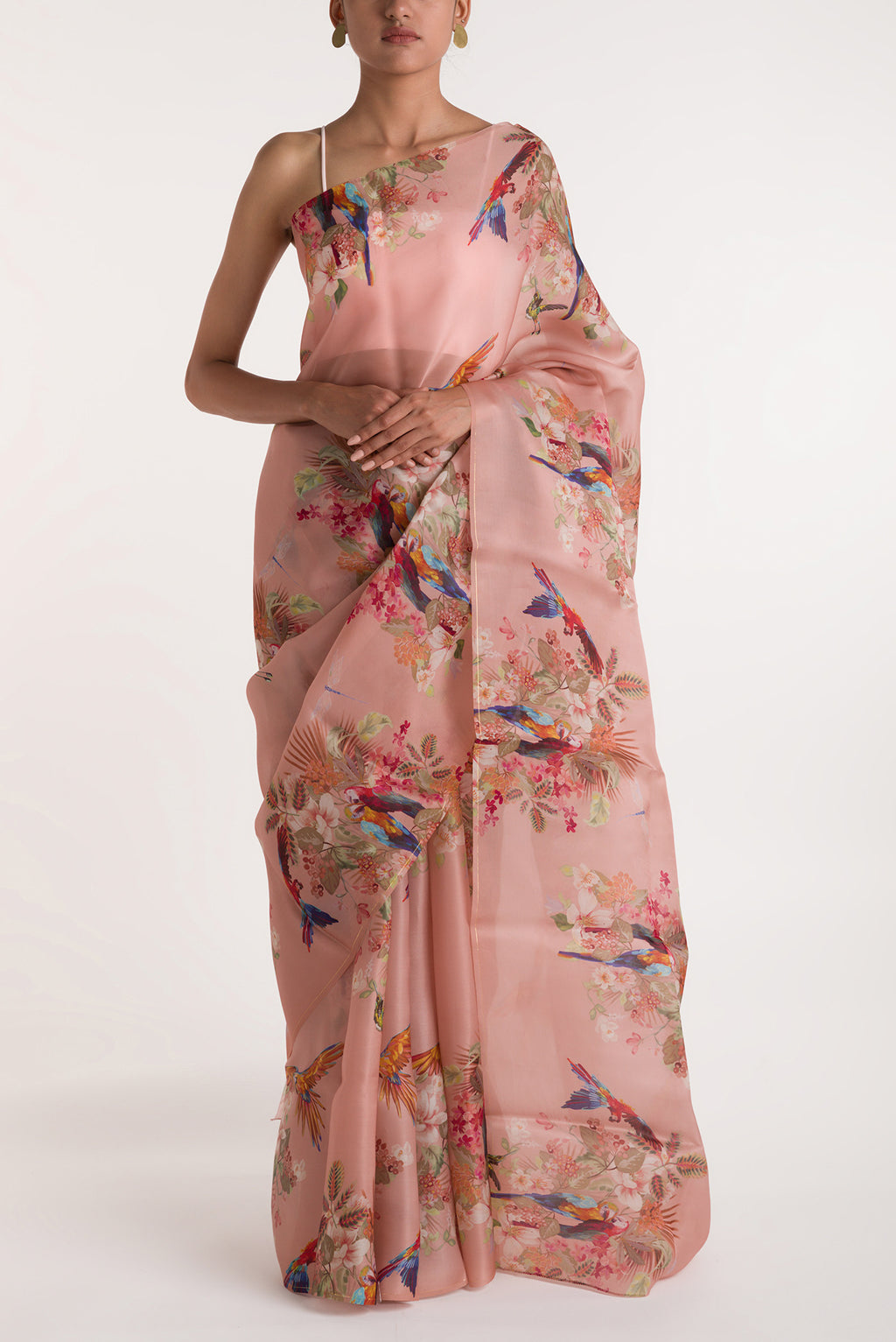 Peach Satin Organza Saree with Bird Print on the body and Without Border displayed on a mannequin