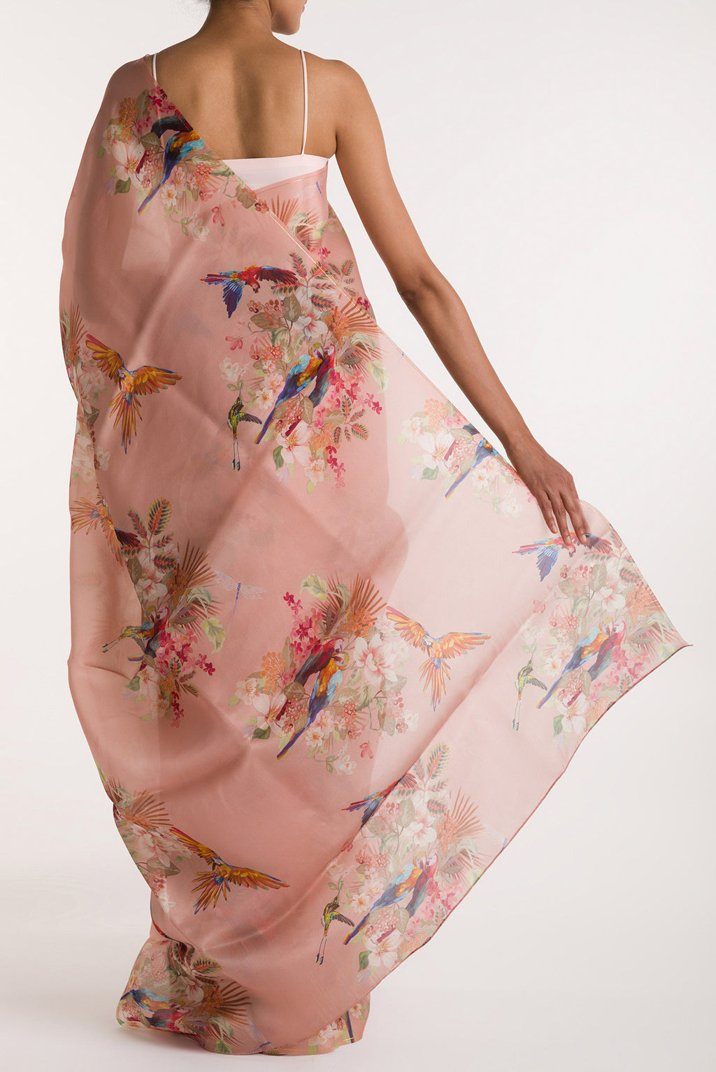 Pleats and pallu of Peach Satin Organza Saree with Bird Print on the body and Without Border