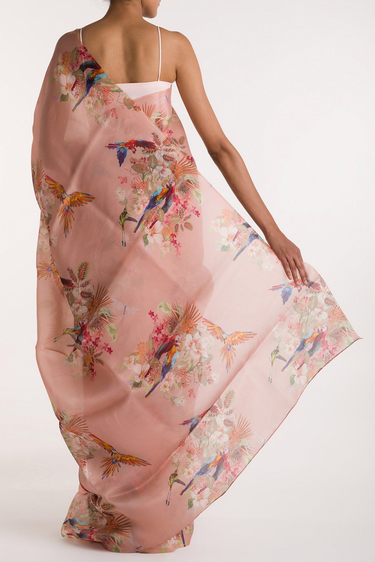 Pleats and pallu of Peach Satin Organza Saree with Bird Print on the body and Without Border