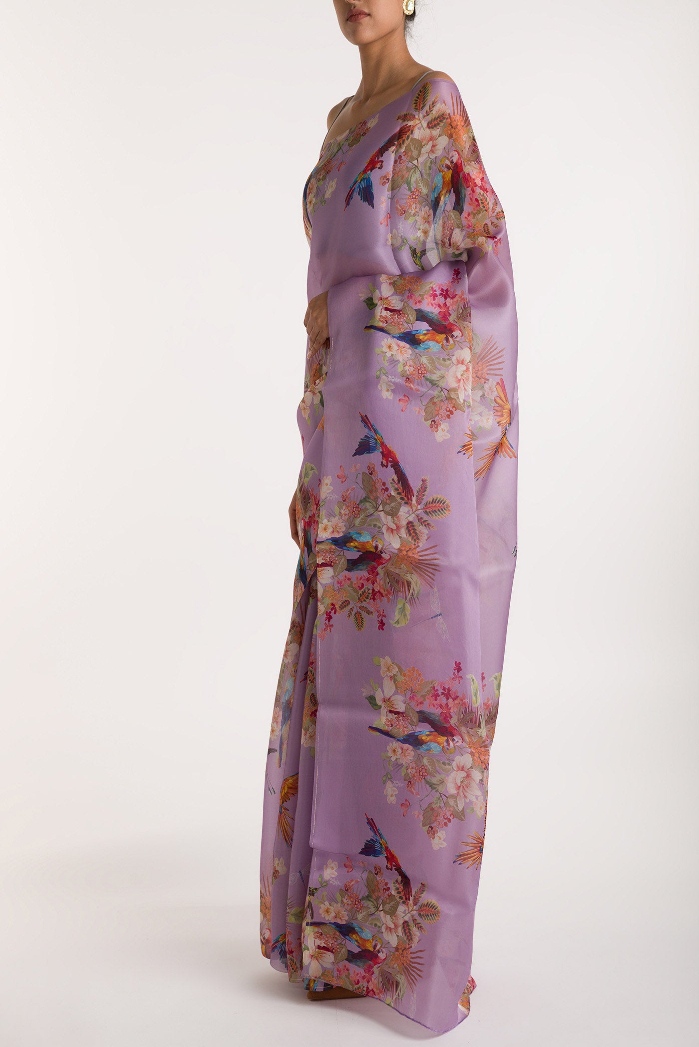 Close up image of the blouse of Lilac Satin Organza Saree with Bird Print on the body and Without Border