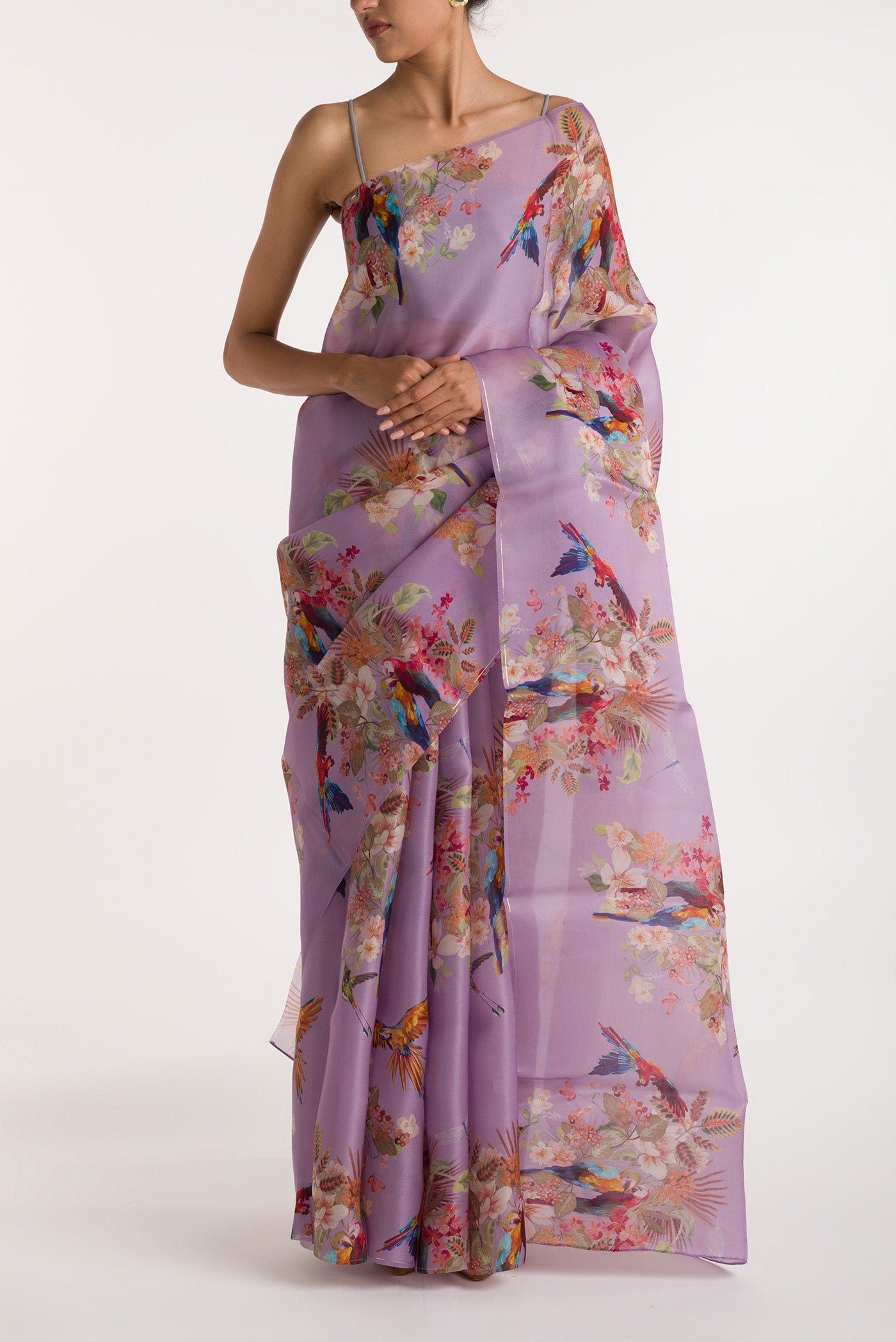 Lilac Satin Organza Saree with Bird Print on the body and Without Border displayed on a mannequin